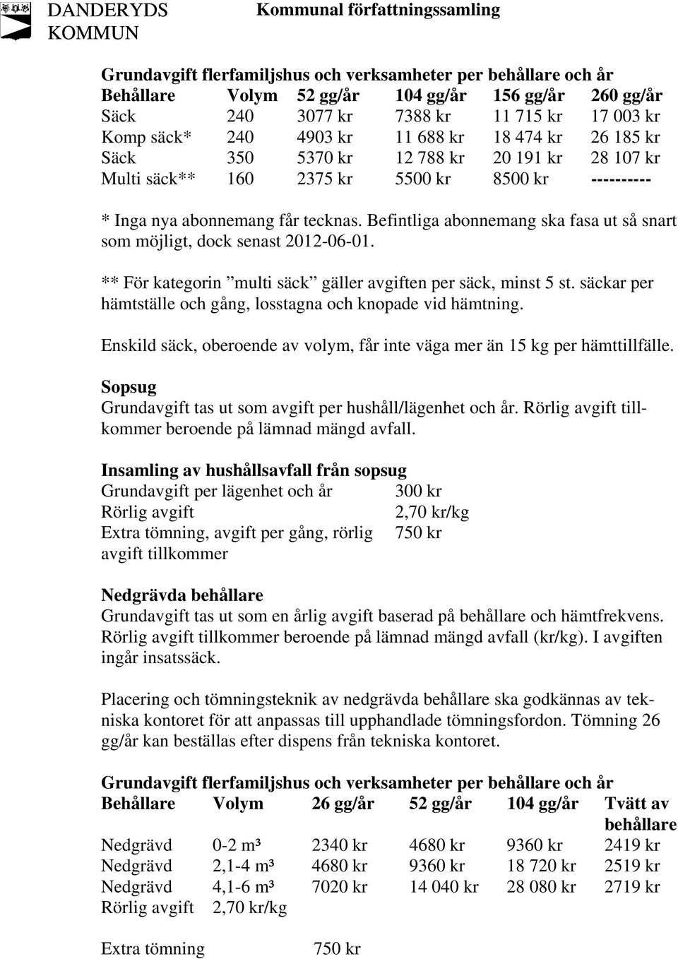 Befintliga abonnemang ska fasa ut så snart som möjligt, dock senast 2012-06-01. ** För kategorin multi säck gäller avgiften per säck, minst 5 st.