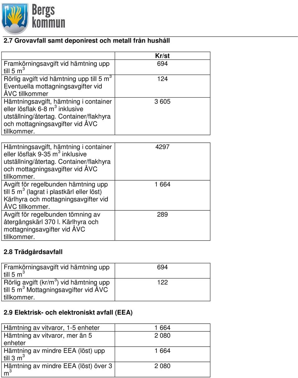 Hämtningsavgift, hämtning i container eller lösflak 9-35 m 3 inklusive utställning/återtag. Container/flakhyra och mottagningsavgifter vid ÅVC tillkommer.