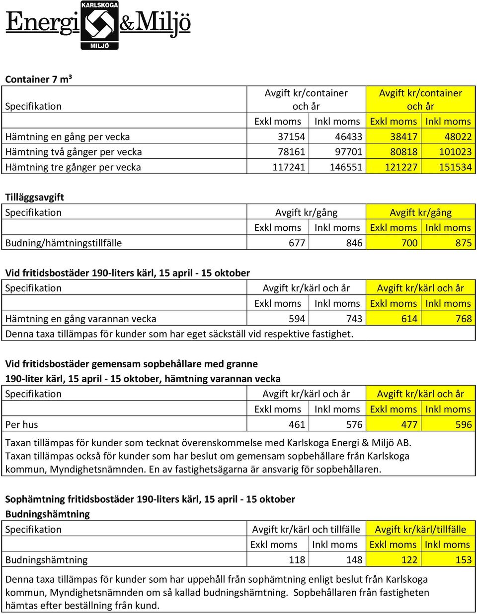 kr/kärl och år Hämtning en gång varannan vecka 594 743 614 768 Denna taxa tillämpas för kunder som har eget säckställ vid respektive fastighet.