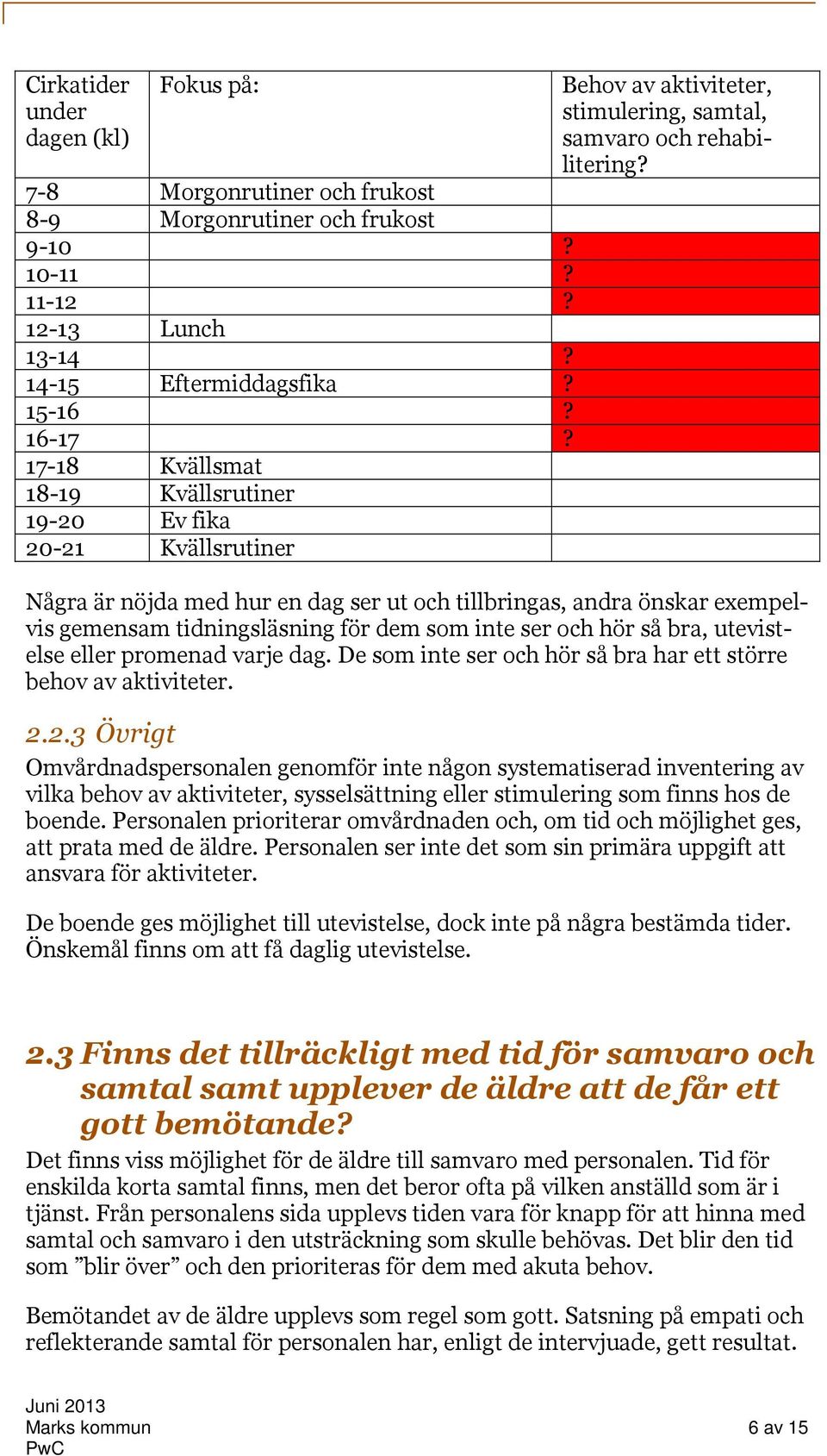 Några är nöjda med hur en dag ser ut och tillbringas, andra önskar exempelvis gemensam tidningsläsning för dem som inte ser och hör så bra, utevistelse eller promenad varje dag.