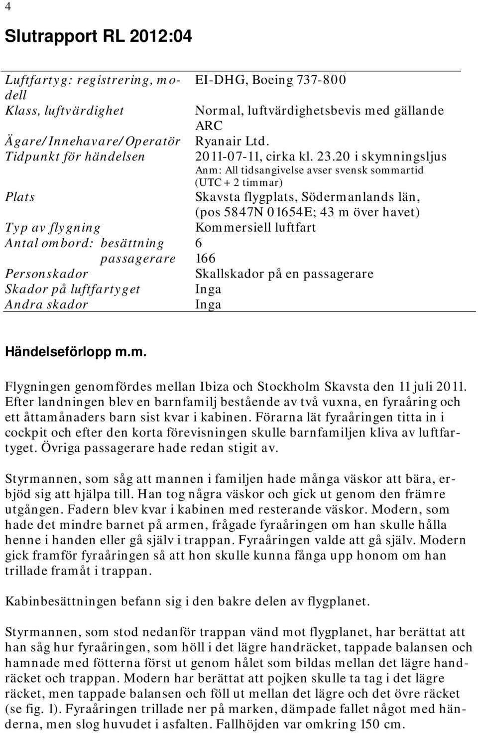 20 i skymningsljus Anm: All tidsangivelse avser svensk sommartid (UTC + 2 timmar) Skavsta flygplats, Södermanlands län, (pos 5847N 01654E; 43 m över havet) Kommersiell luftfart 6 166 Skallskador på