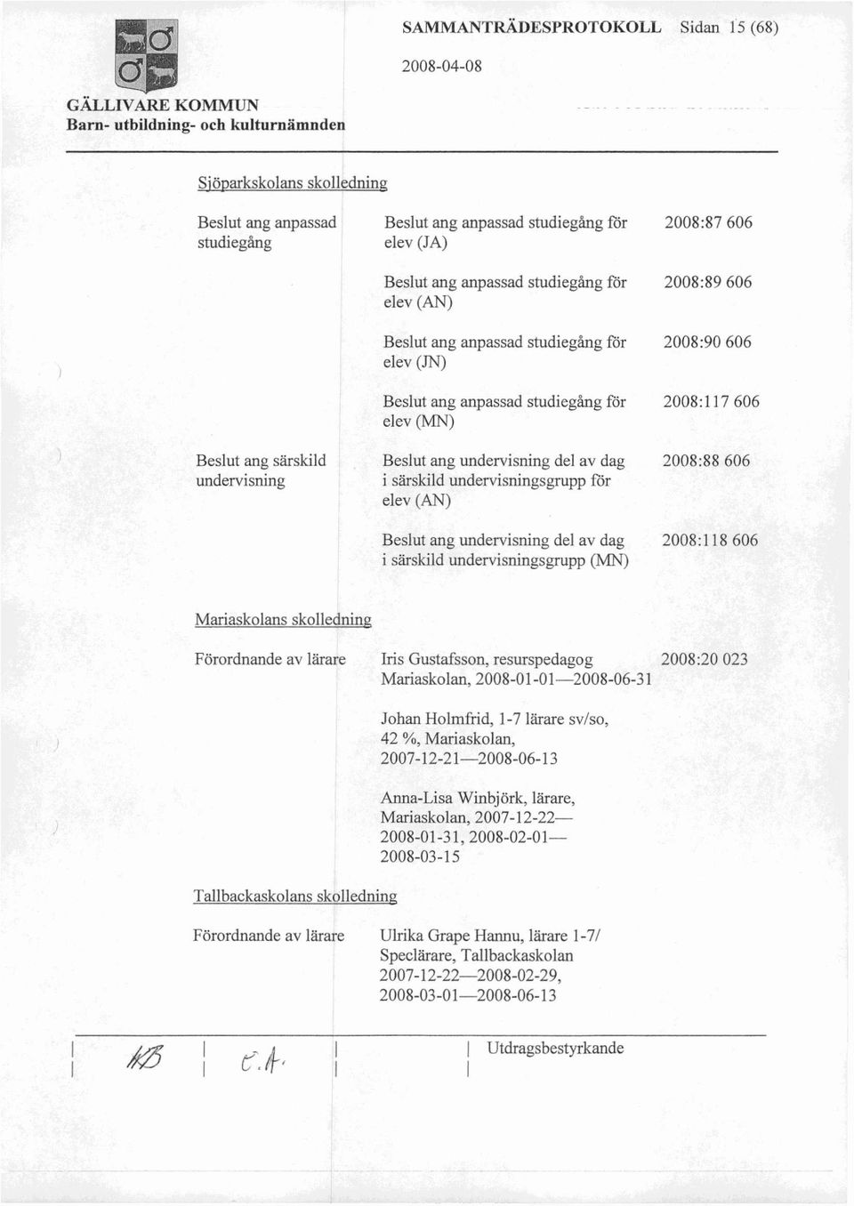 undervisning i särskild undervisningsgrupp för elev (AN) Beslut ang undervisning del av dag 2008:118 606 i särskild undervisningsgrupp (MN) Mariaskolans skollednin Förordnande av lärare Iris