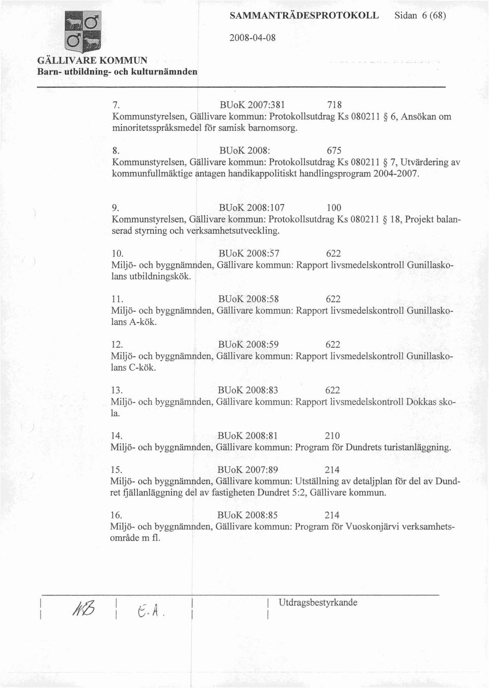 BUoK 2008:107 100 Kommunstyrelsen, Gällivare kommun: Protokollsutdrag Ks 080211 18, Projekt balanserad styrning och verksamhetsutveckling. 10. BUoK 2008:57 622 Miljö- och byggnämnden, Gällivare kommun: Rapport livsmedelskontroll Gunillaskolans utbildningskök.