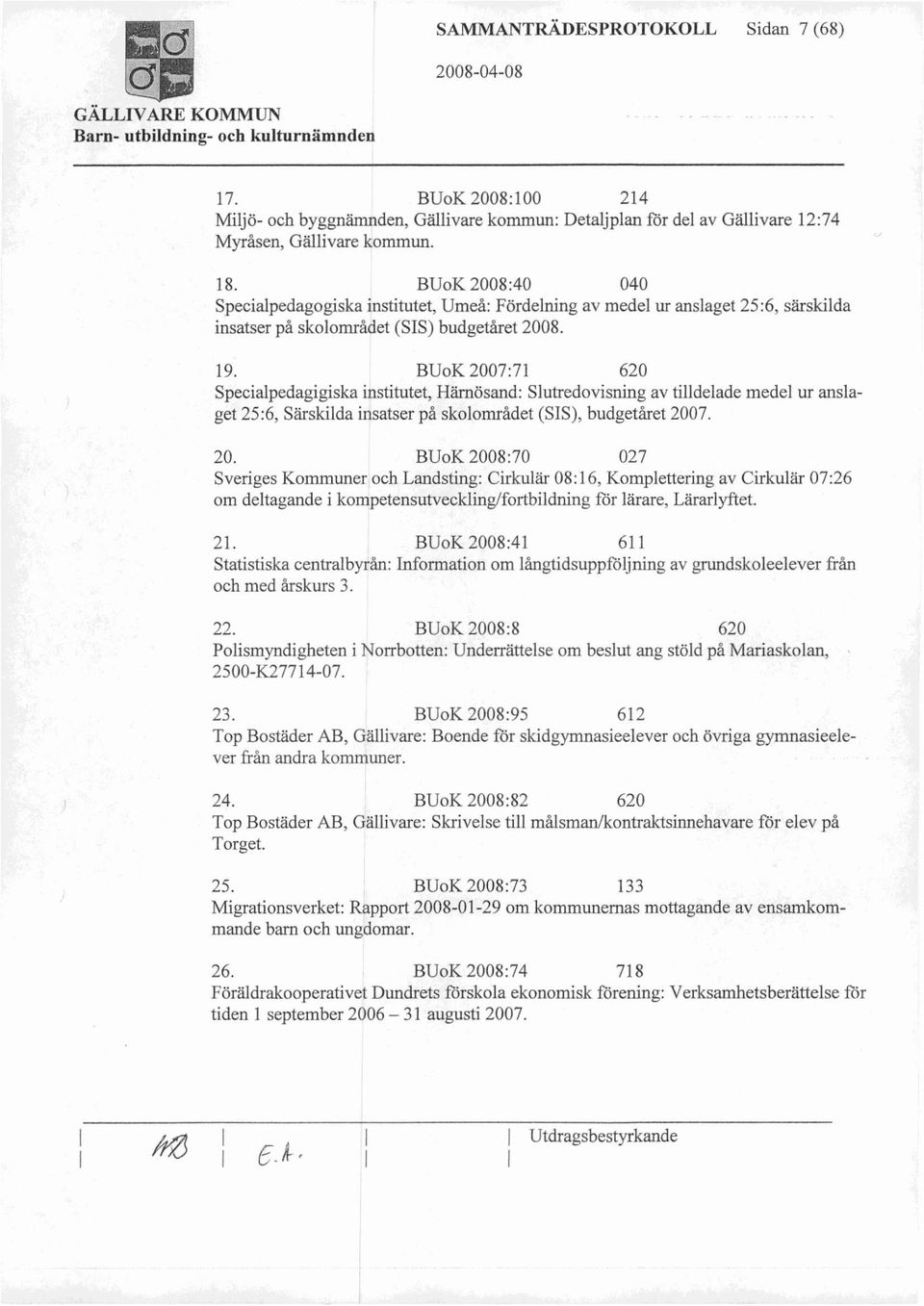 BUoK 2007:71 620 Specialpedagigiska institutet, Härnösand: Slutredovisning av tilldelade medel ur anslaget 25:6, Särskilda insatser på skolområdet (SIS), budgetåret 2007. 20. BUoK 2008:70 027 Sveriges Kommuner och Landsting: Cirkulär 08:16, Komplettering av Cirkulär 07:26 om deltagande i kompetensutveckling/fortbildning för lärare, Lärarlyftet.