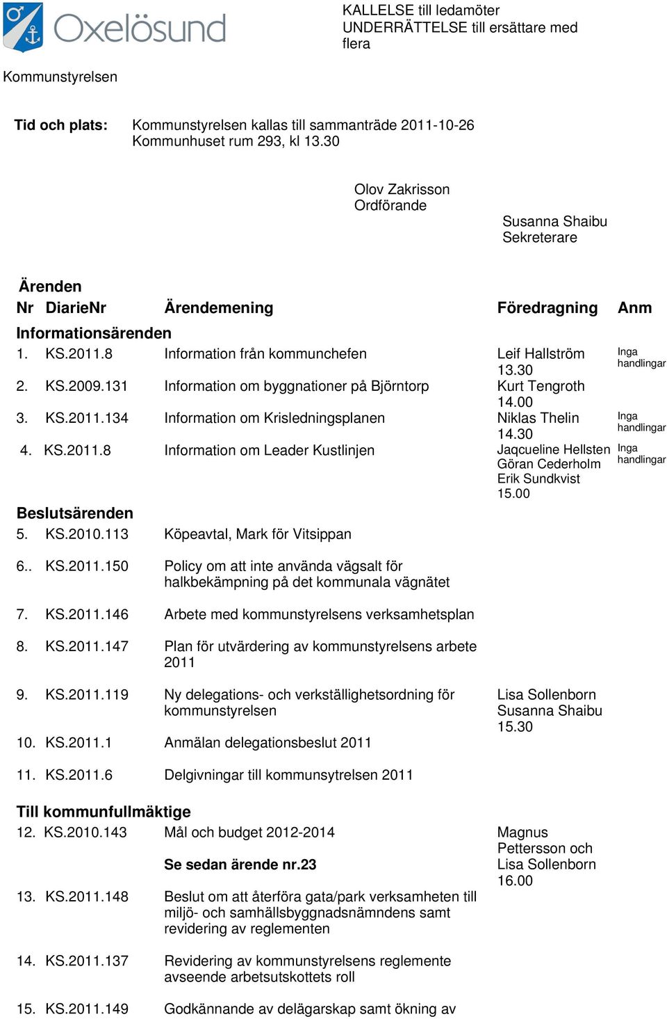 131 Information om byggnationer på Björntorp Kurt Tengroth 14.00 3. KS.2011.134 Information om Krisledningsplanen Niklas Thelin 14.30 4. KS.2011.8 Information om Leader Kustlinjen Jaqcueline Hellsten Göran Cederholm Erik Sundkvist 15.