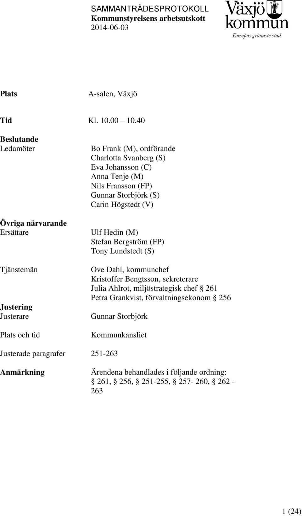 Johansson (C) Anna Tenje (M) Nils Fransson (FP) Gunnar Storbjörk (S) Carin Högstedt (V) Ulf Hedin (M) Stefan Bergström (FP) Tony Lundstedt (S) Ove Dahl,