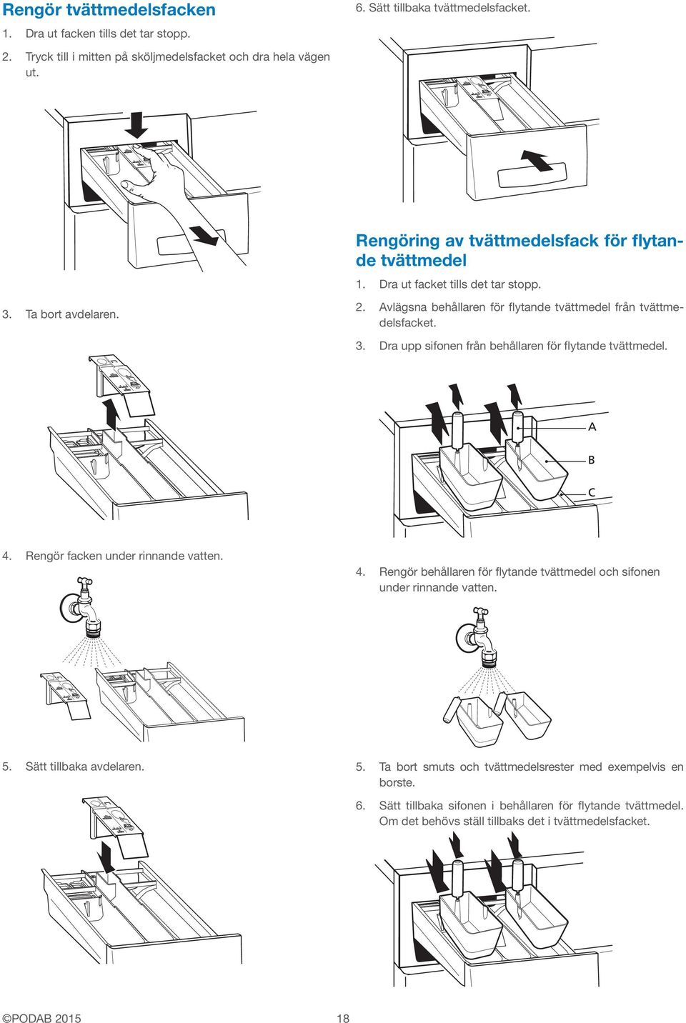 4. Rengör facken under rinnande vatten. 4. Rengör behållaren för flytande tvättmedel och sifonen under rinnande vatten. 5. Sätt tillbaka avdelaren. 5. Ta bort smuts och tvättmedelsrester med exempelvis en borste.