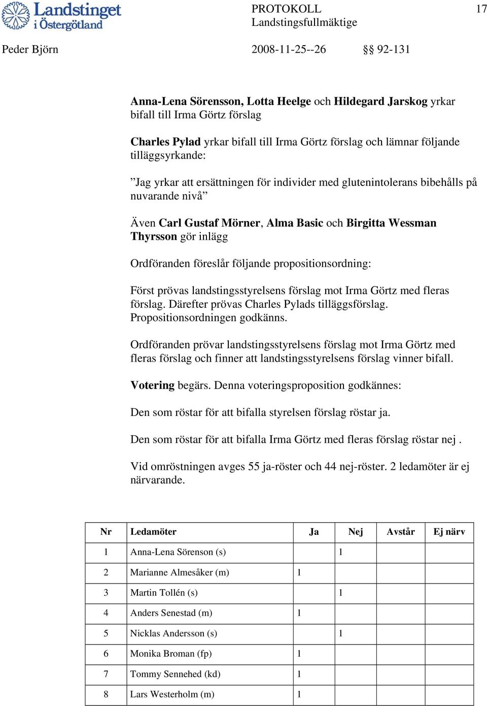 propositionsordning: Först prövas landstingsstyrelsens förslag mot Irma Görtz med fleras förslag. Därefter prövas Charles Pylads tilläggsförslag. Propositionsordningen godkänns.