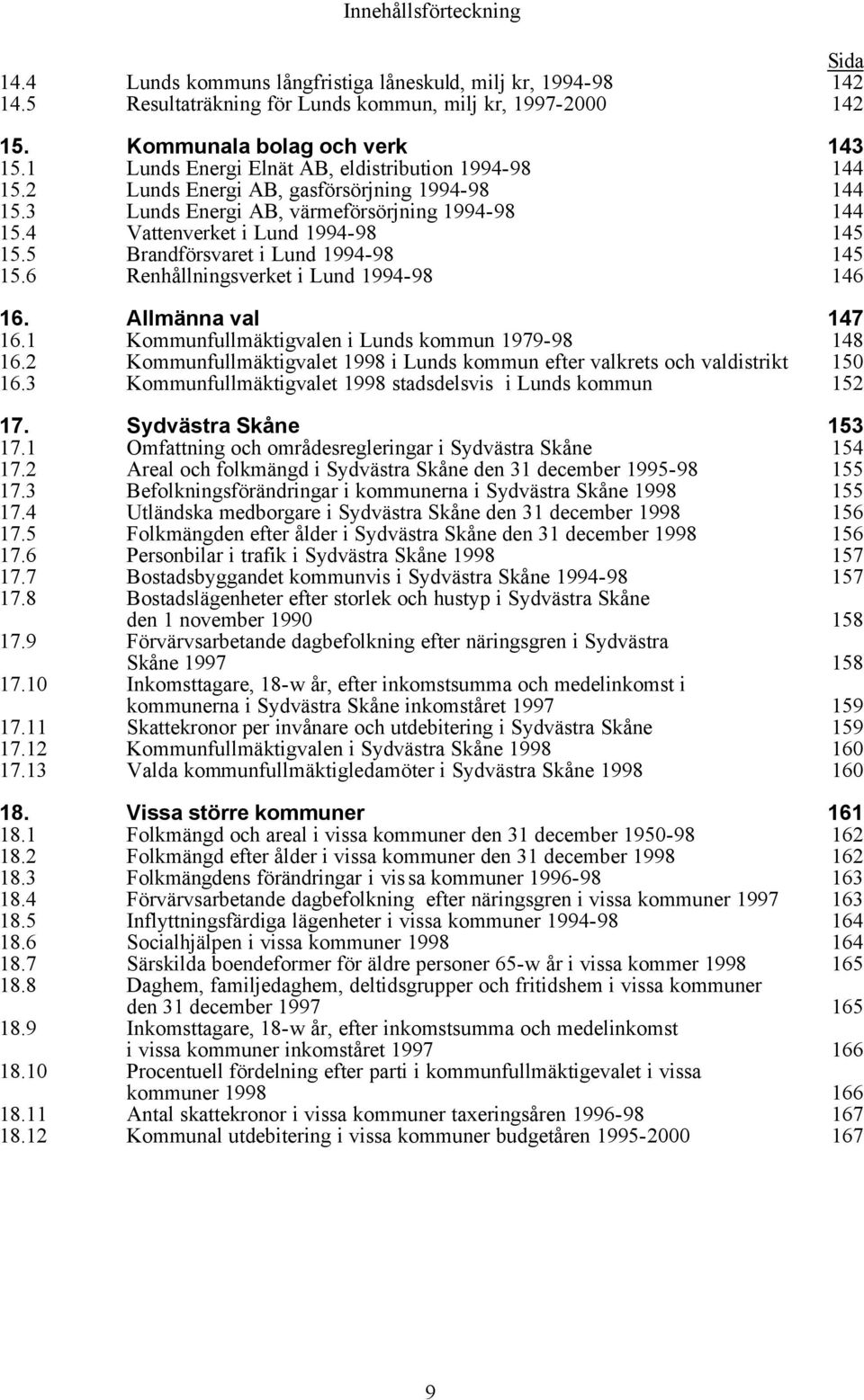 5 Brandförsvaret i Lund 1994-98 145 15.6 Renhållningsverket i Lund 1994-98 146 16. Allmänna val 147 16.1 Kommunfullmäktigvalen i Lunds kommun 1979-98 148 16.