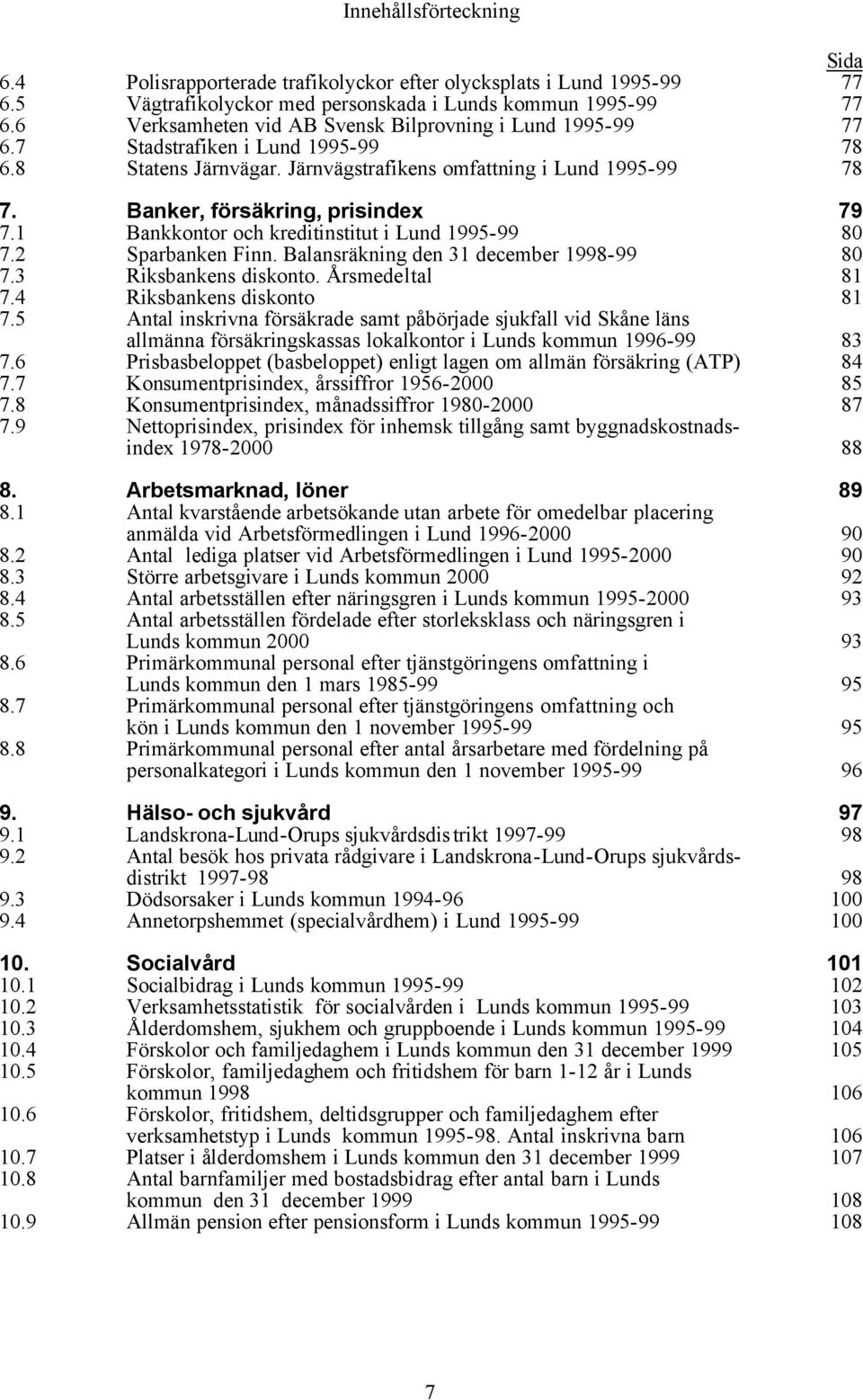 Banker, försäkring, prisindex 79 7.1 Bankkontor och kreditinstitut i Lund 1995-99 80 7.2 Sparbanken Finn. Balansräkning den 31 december 1998-99 80 7.3 Riksbankens diskonto. Årsmedeltal 81 7.