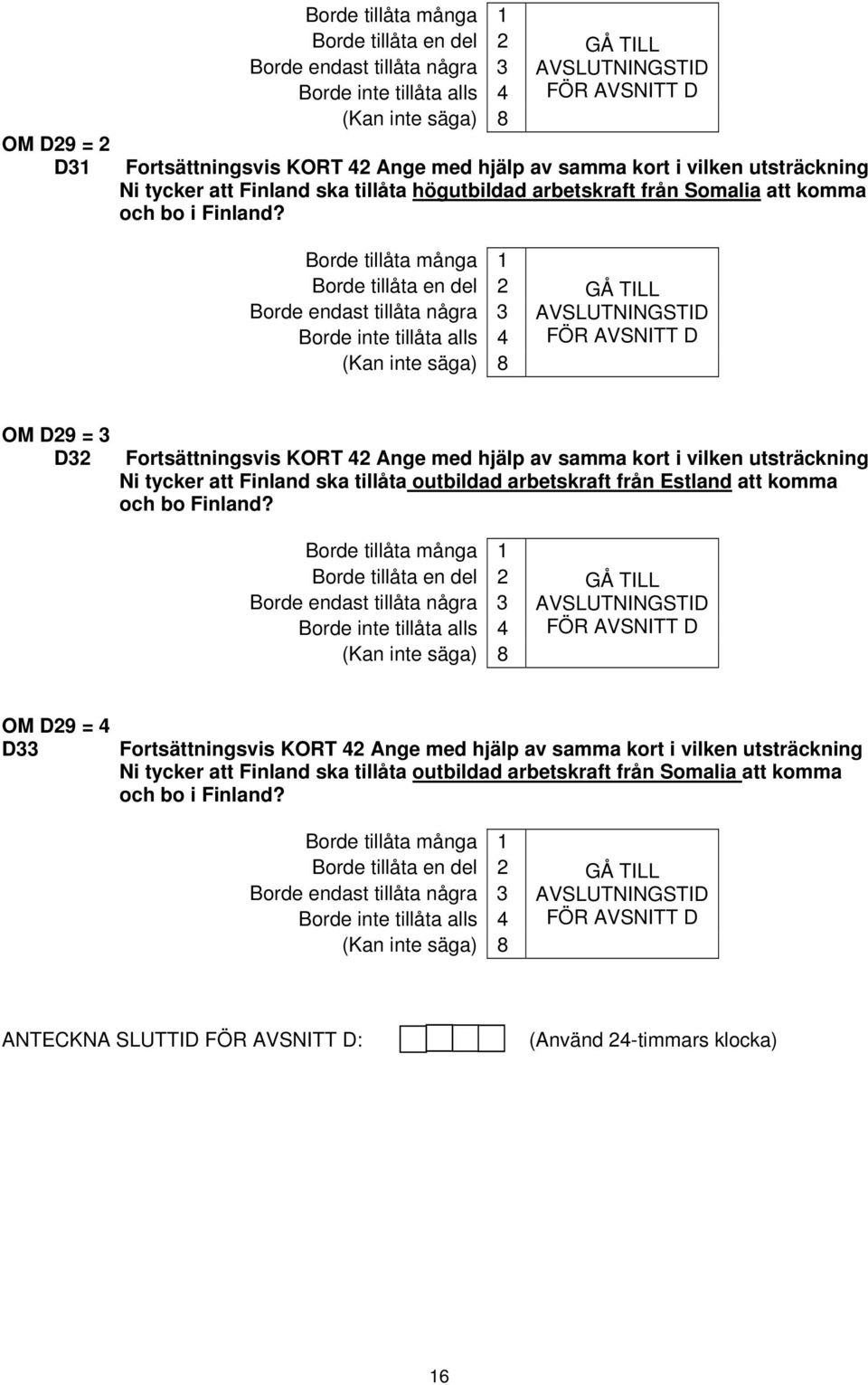 Borde tillåta många 1 Borde tillåta en del 2 Borde endast tillåta några 3 Borde inte tillåta alls 4 GÅ TILL AVSLUTNINGSTID FÖR AVSNITT D OM D29 = 3 D32 Fortsättningsvis KORT 42 Ange med hjälp av