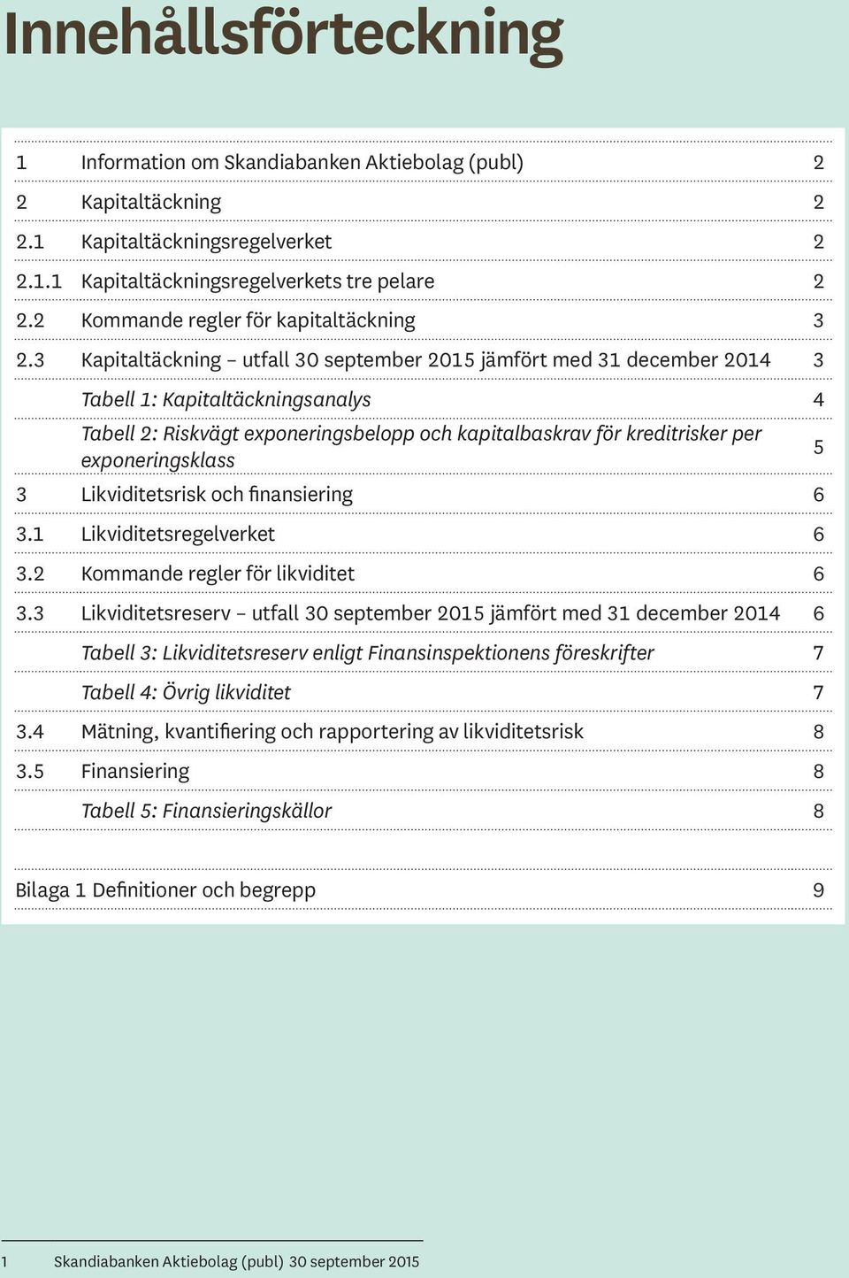 3 Kapitaltäckning utfall 30 september 2015 jämfört med 31 december 2014 3 Tabell 1: Kapitaltäckningsanalys 4 Tabell 2: Riskvägt exponeringsbelopp och kapitalbaskrav för kreditrisker per