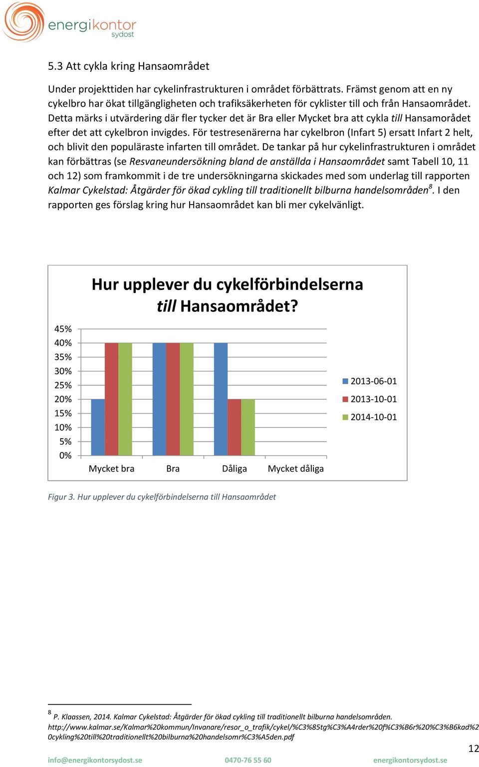 Detta märks i utvärdering där fler tycker det är Bra eller Mycket bra att cykla till Hansamorådet efter det att cykelbron invigdes.