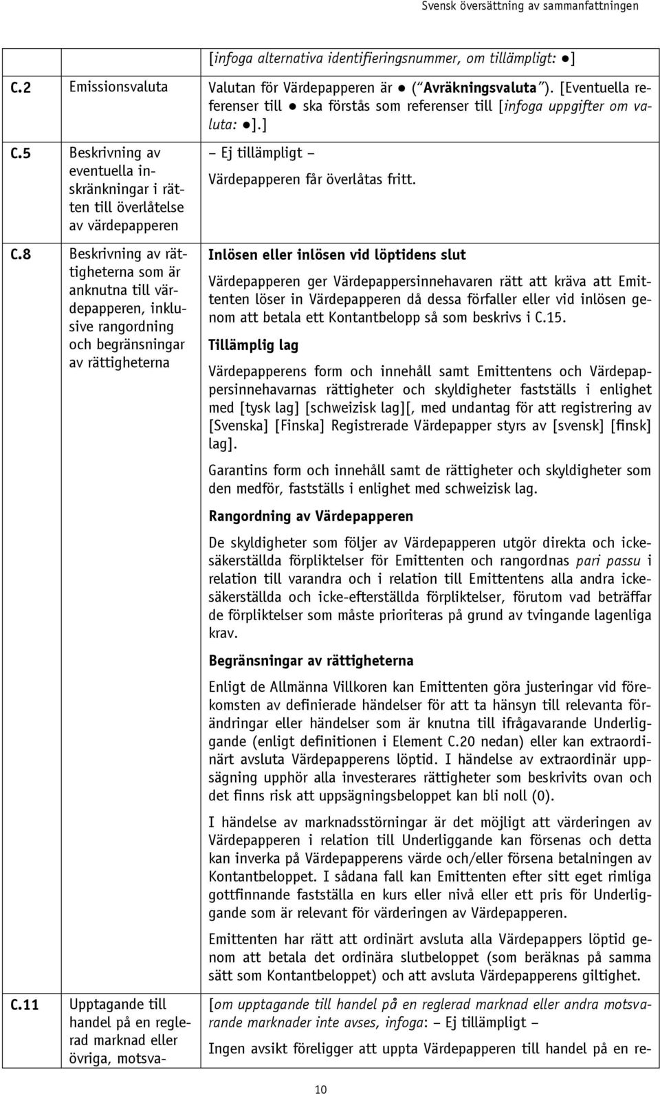 8 Beskrivning av rättigheterna som är anknutna till värdepapperen, inklusive rangordning och begränsningar av rättigheterna C.