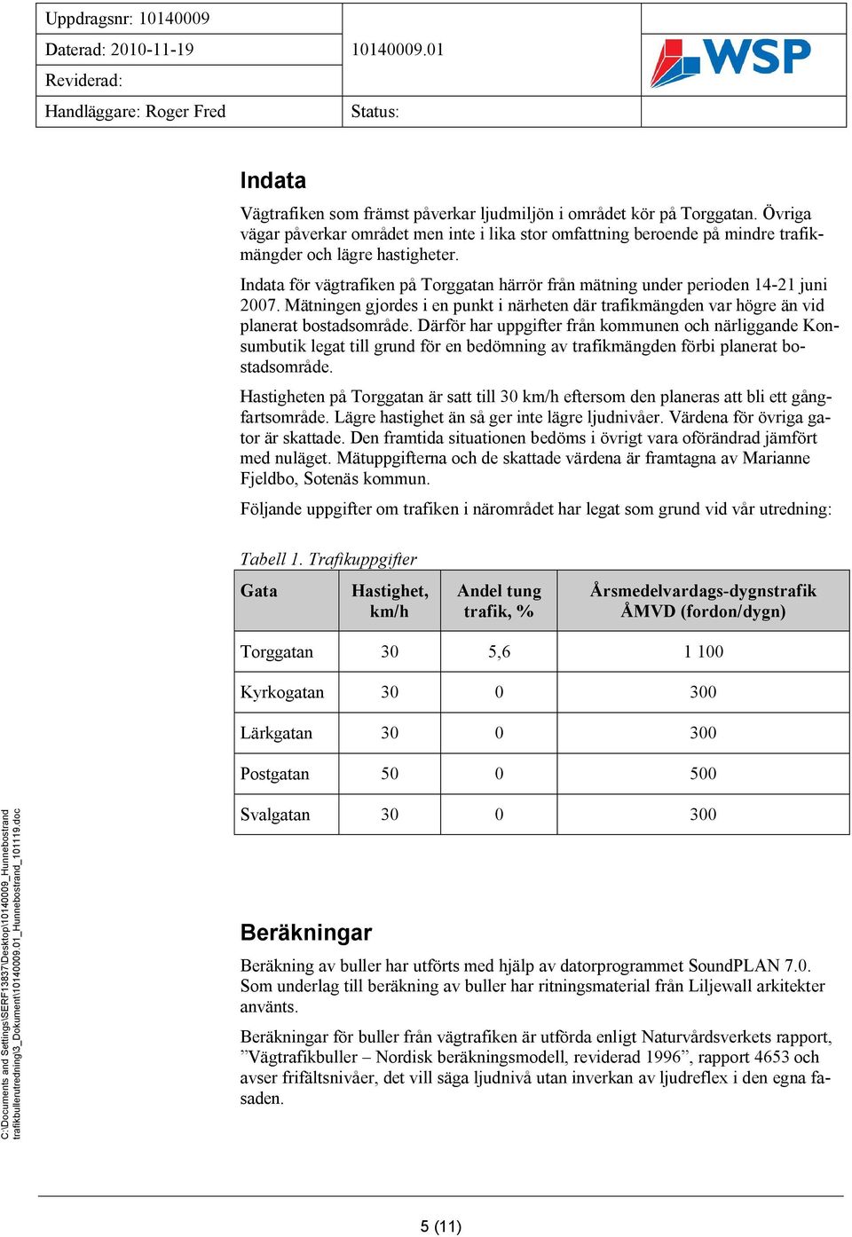 Indata för vägtrafiken på Torggatan härrör från mätning under perioden 14-21 juni 2007. Mätningen gjordes i en punkt i närheten där trafikmängden var högre än vid planerat bostadsområde.