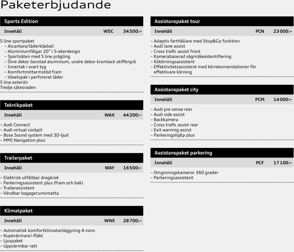 Sound system med 3D-ljud MMI Navigation plus Trailerpaket Innehåll WAY 16 500: Elektrisk utfällbar dragkrok Parkeringsassistent plus (fram och bak) Trailerassistent Vändbar bagagerumsmatta