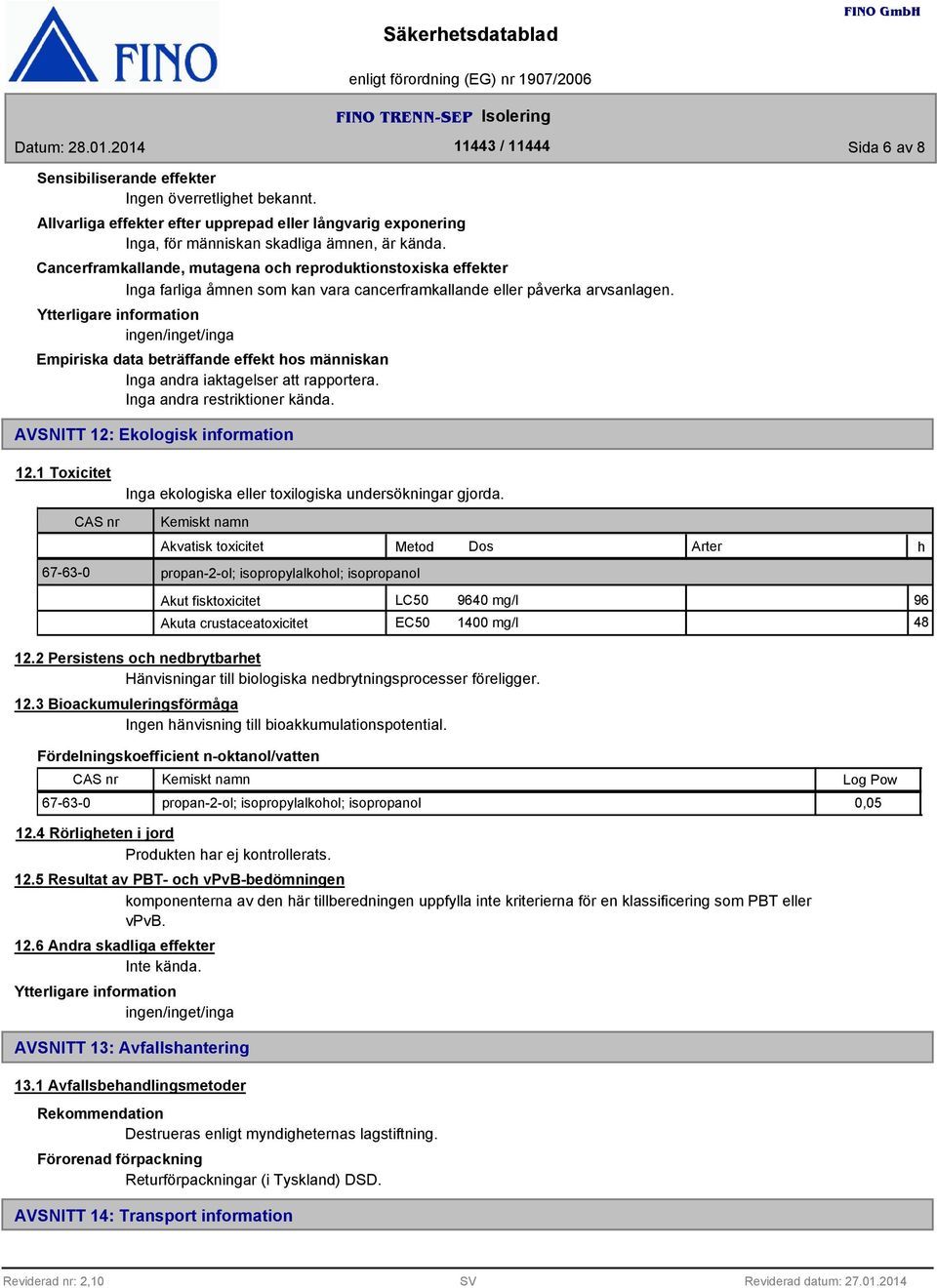 Empiriska data beträffande effekt hos människan Inga andra iaktagelser att rapportera. Inga andra restriktioner kända. AVSNITT 12: Ekologisk information 12.