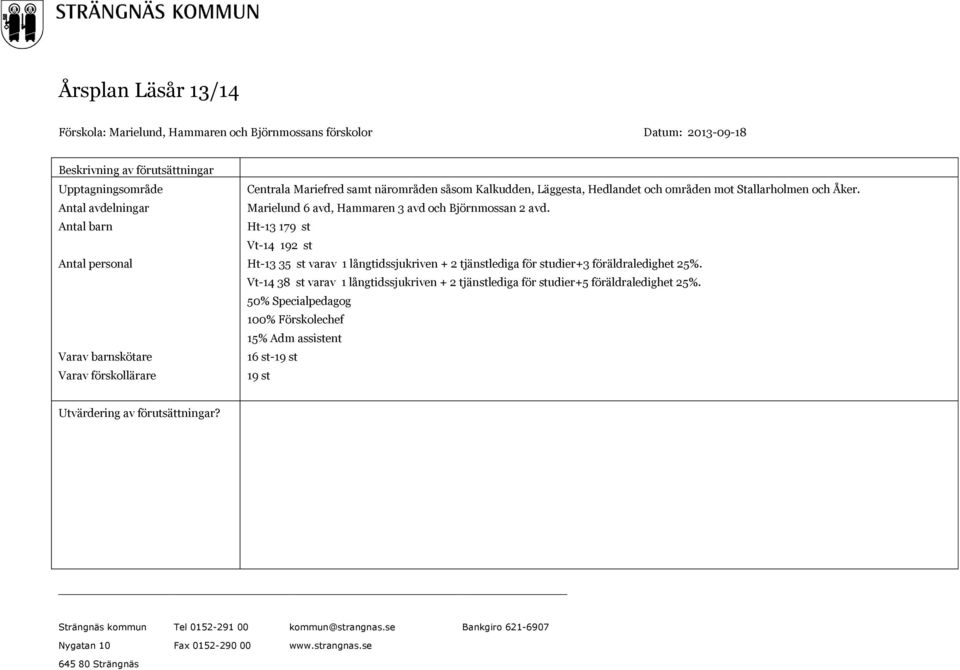 Marielund 6 avd, Hammaren 3 avd och Björnmossan 2 avd. Ht-13 179 st Vt-14 192 st Ht-13 35 st varav 1 långtidssjukriven + 2 tjänstlediga för studier+3 föräldraledighet 25%.