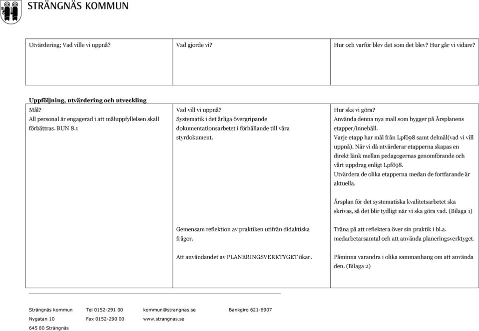 Varje etapp har mål från Lpfö98 samt delmål(vad vi vill uppnå). När vi då utvärderar etapperna skapas en direkt länk mellan pedagogernas genomförande och vårt uppdrag enligt Lpfö98.