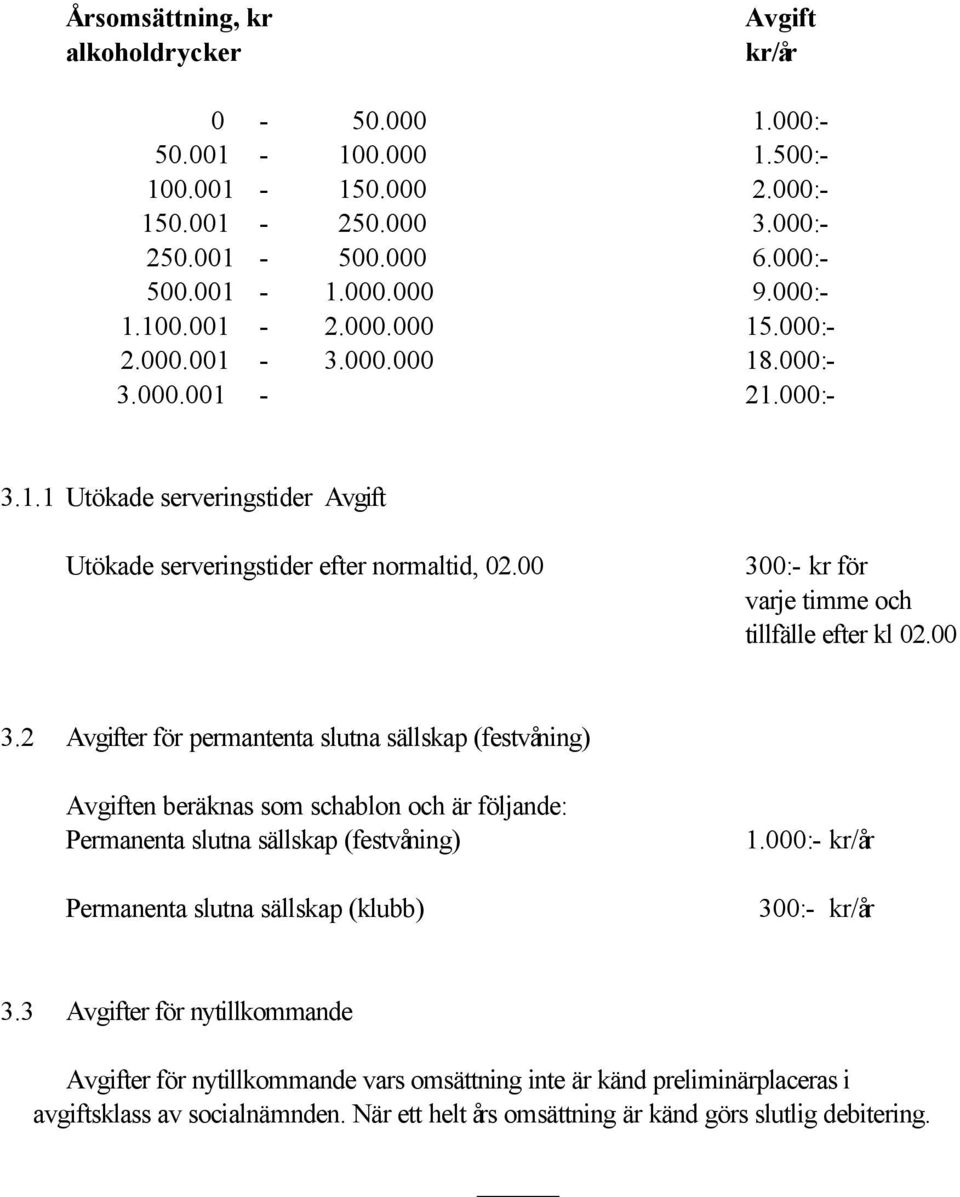 0:- kr för varje timme och tillfälle efter kl 02.00 3.