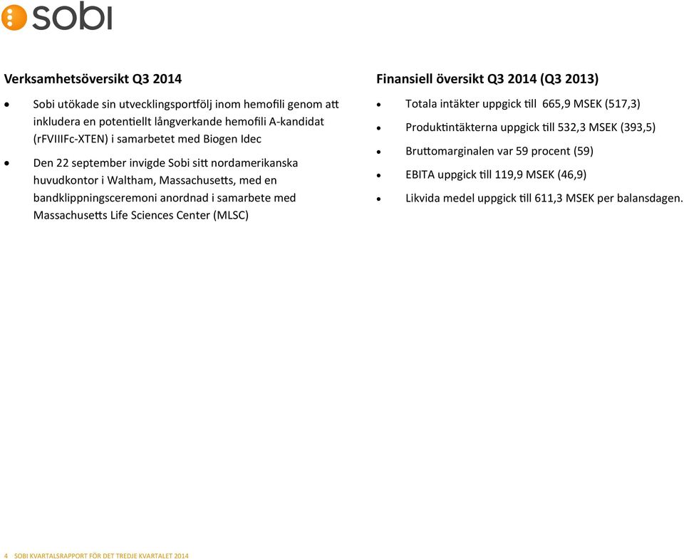 bandklippningsceremoni anordnad i samarbete med Massachusetts Life Sciences Center (MLSC) Totala intäkter uppgick till 665,9 MSEK (517,3) Produktintäkterna uppgick till