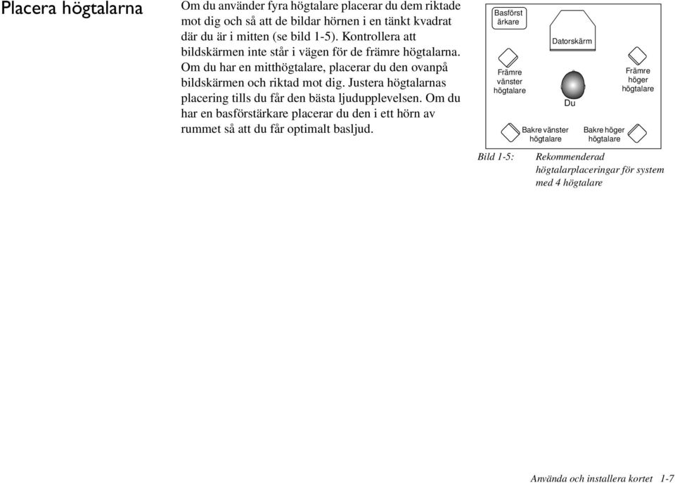 Justera högtalarnas placering tills du får den bästa ljudupplevelsen. Om du har en basförstärkare placerar du den i ett hörn av rummet så att du får optimalt basljud.