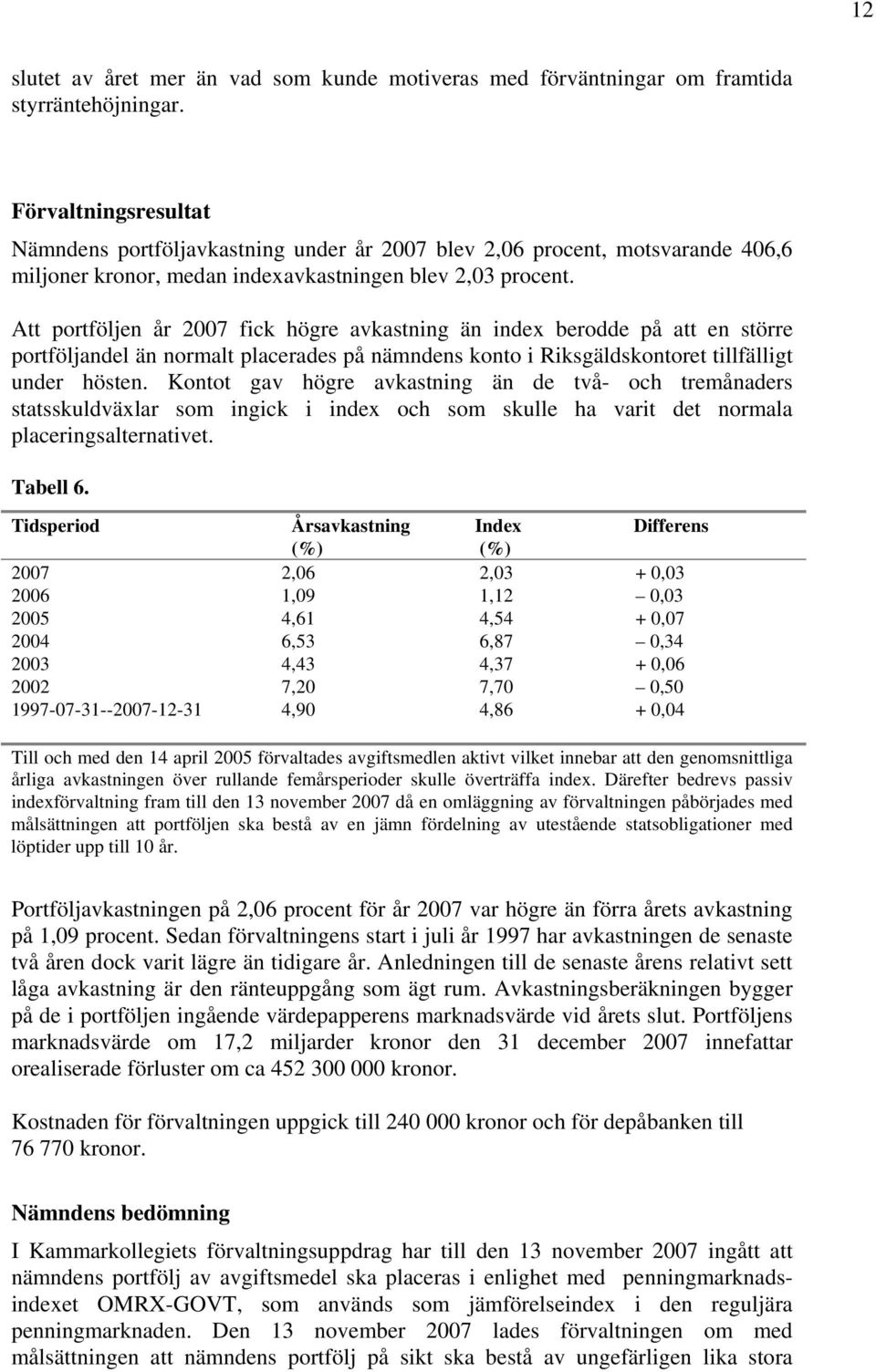 Att portföljen år 2007 fick högre avkastning än index berodde på att en större portföljandel än normalt placerades på nämndens konto i Riksgäldskontoret tillfälligt under hösten.