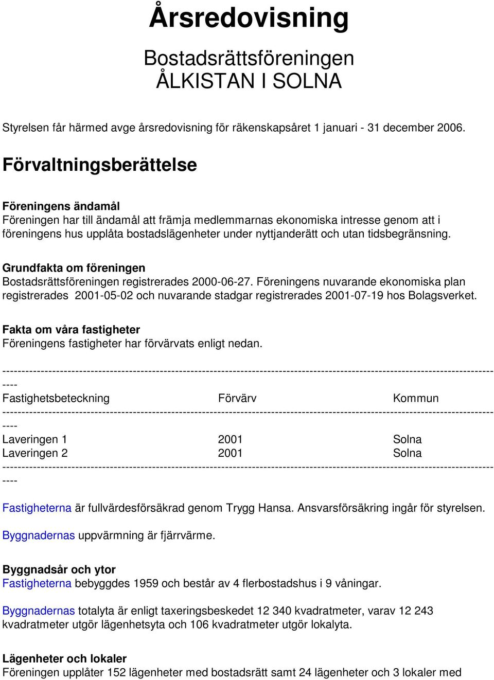 tidsbegränsning. Grundfakta om föreningen Bostadsrättsföreningen registrerades 2000-06-27.