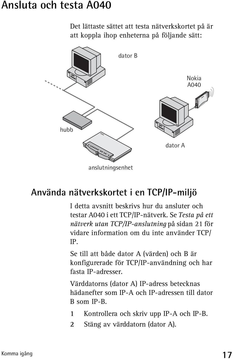 Se Testa på ett nätverk utan TCP/IP-anslutning på sidan 21 för vidare information om du inte använder TCP/ IP.