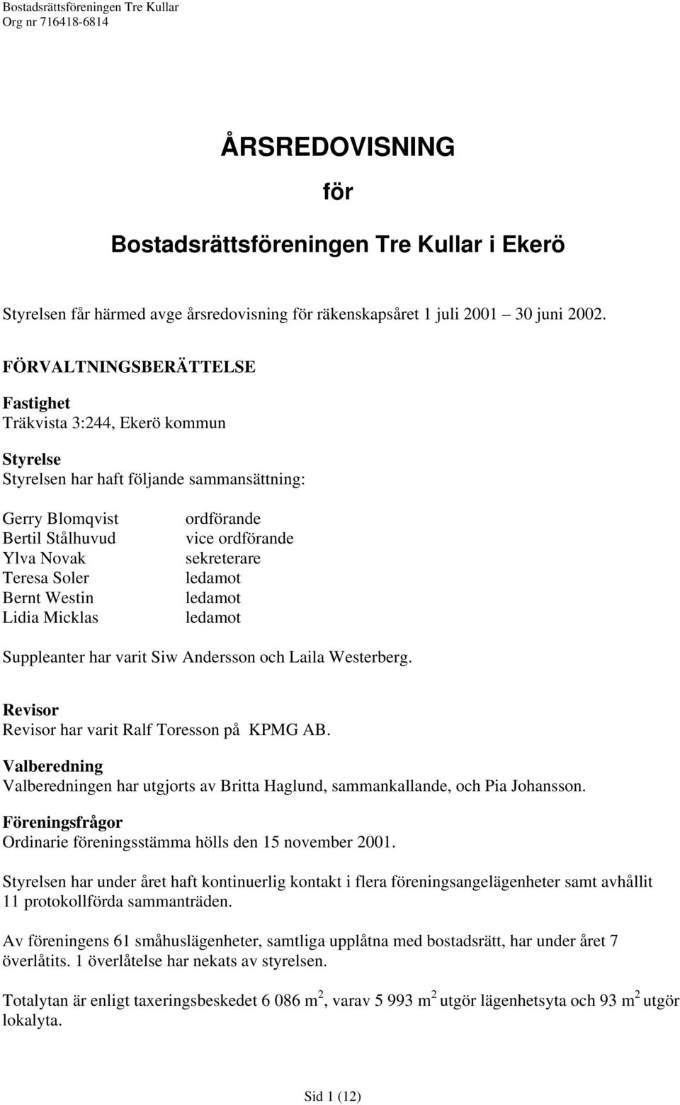 ordförande vice ordförande sekreterare ledamot ledamot ledamot Suppleanter har varit Siw Andersson och Laila Westerberg. Revisor Revisor har varit Ralf Toresson på KPMG AB.