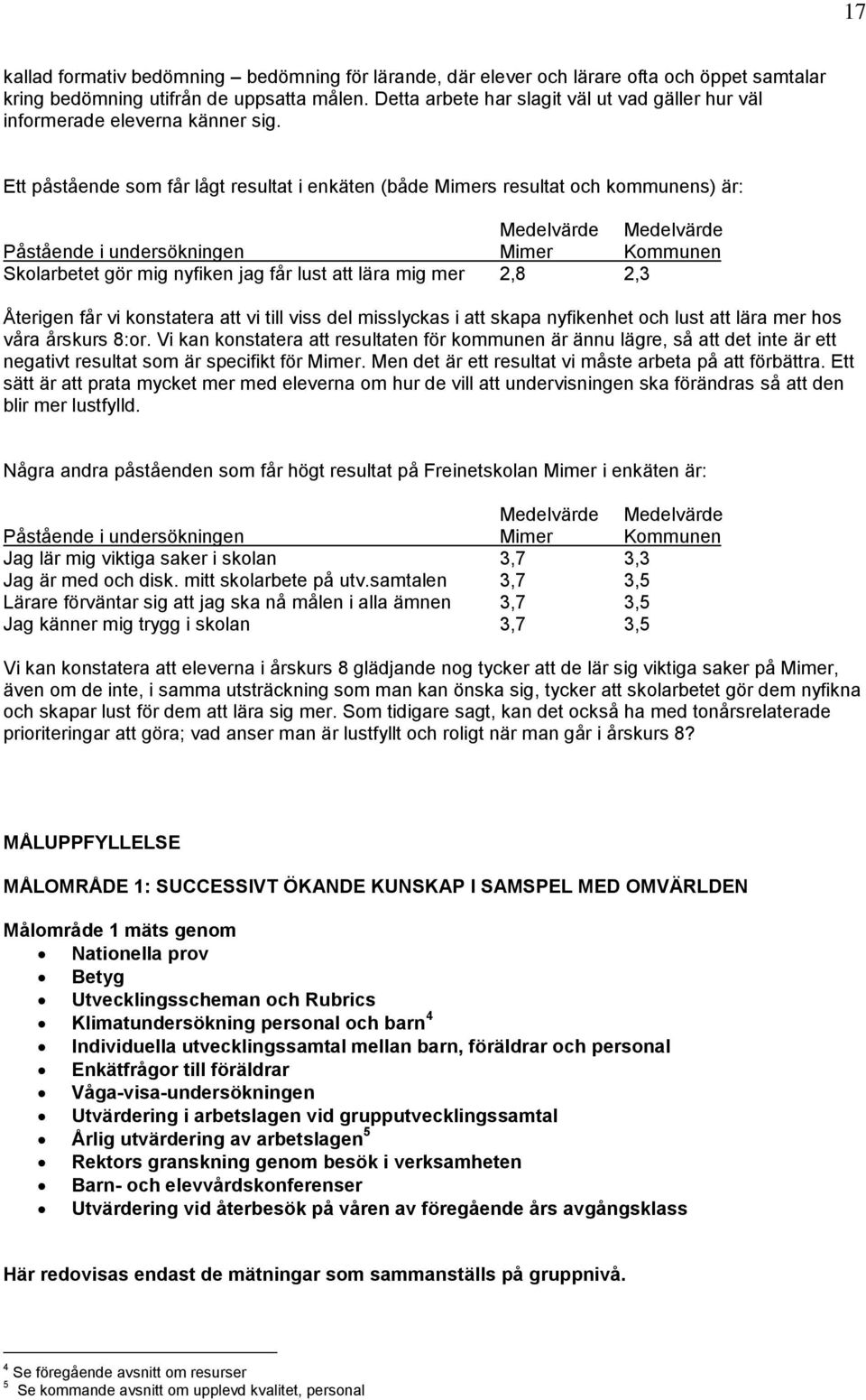 Ett påstående som får lågt resultat i enkäten (både Mimers resultat och kommunens) är: Medelvärde Medelvärde Påstående i undersökningen Mimer Kommunen Skolarbetet gör mig nyfiken jag får lust att