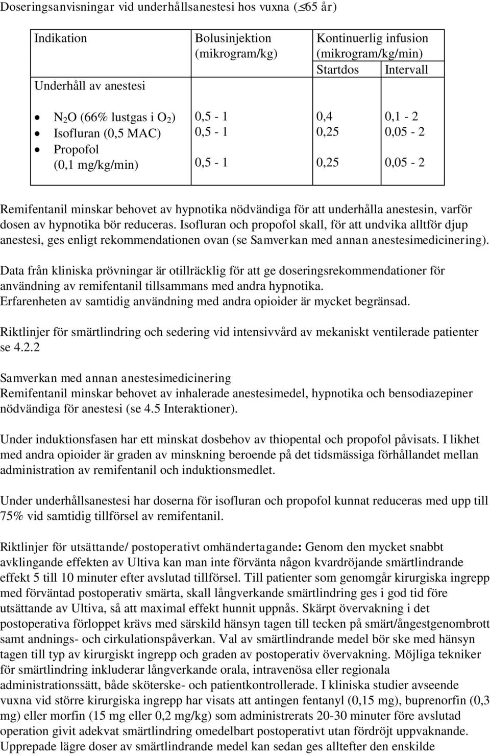 varför dosen av hypnotika bör reduceras. Isofluran och propofol skall, för att undvika alltför djup anestesi, ges enligt rekommendationen ovan (se Samverkan med annan anestesimedicinering).