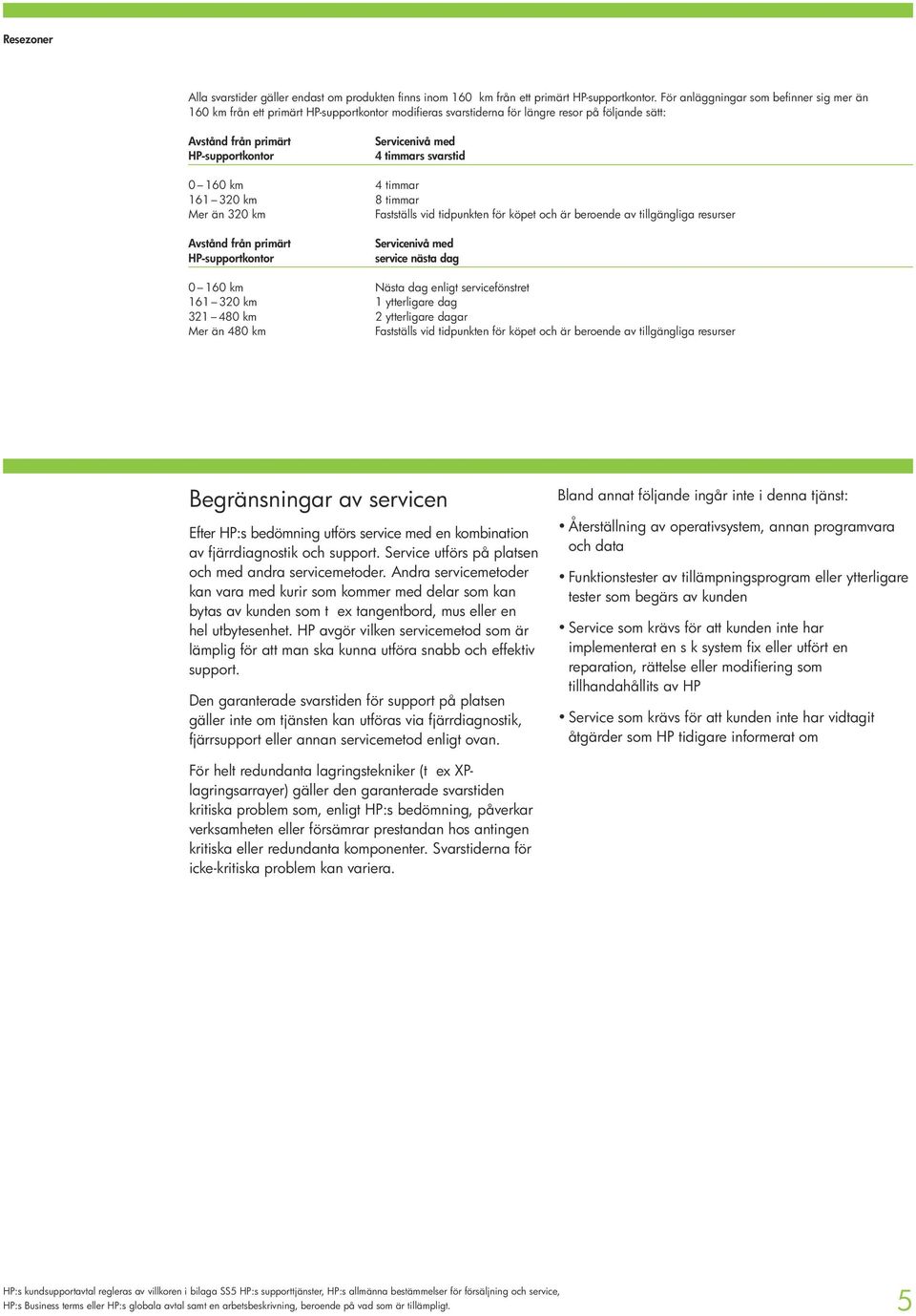 timmars svarstid 0 160 km 4 timmar 161 320 km 8 timmar Mer än 320 km Fastställs vid tidpunkten för köpet och är beroende av tillgängliga resurser Avstånd från primärt HP-supportkontor Servicenivå med
