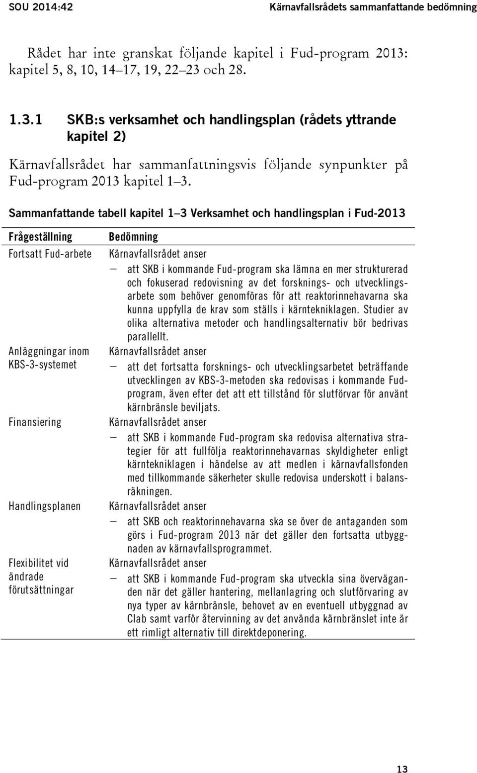 Sammanfattande tabell kapitel 1 3 Verksamhet och handlingsplan i Fud-2013 Frågeställning Fortsatt Fud-arbete Anläggningar inom KBS-3-systemet Finansiering Handlingsplanen Flexibilitet vid ändrade