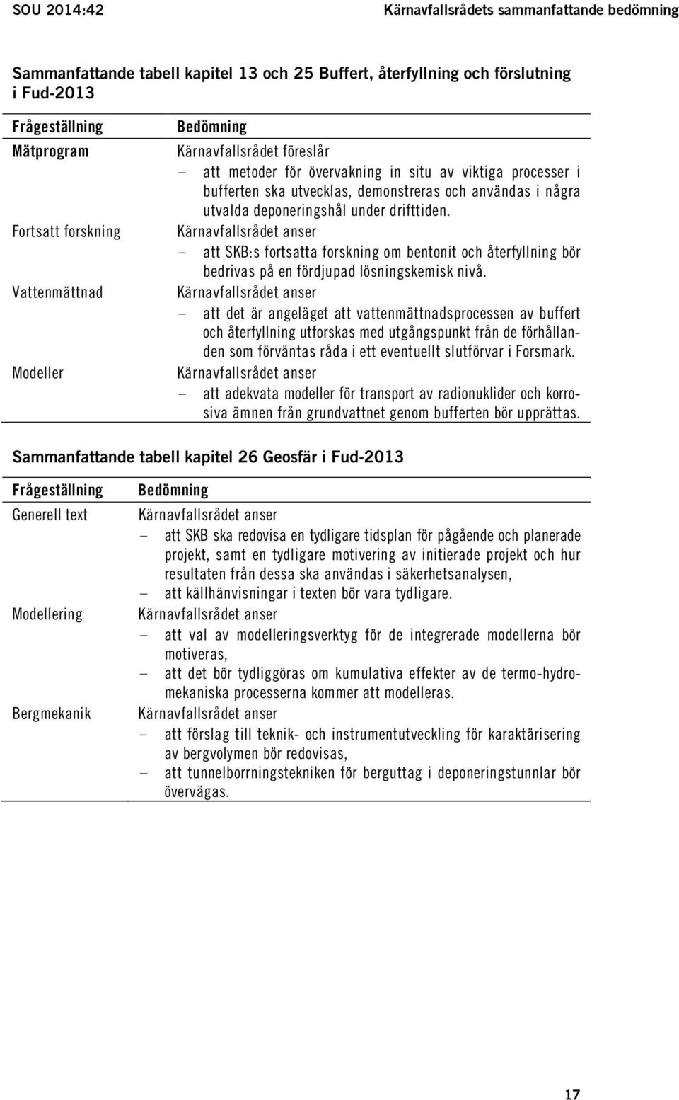 deponeringshål under drifttiden. Kärnavfallsrådet anser - att SKB:s fortsatta forskning om bentonit och återfyllning bör bedrivas på en fördjupad lösningskemisk nivå.