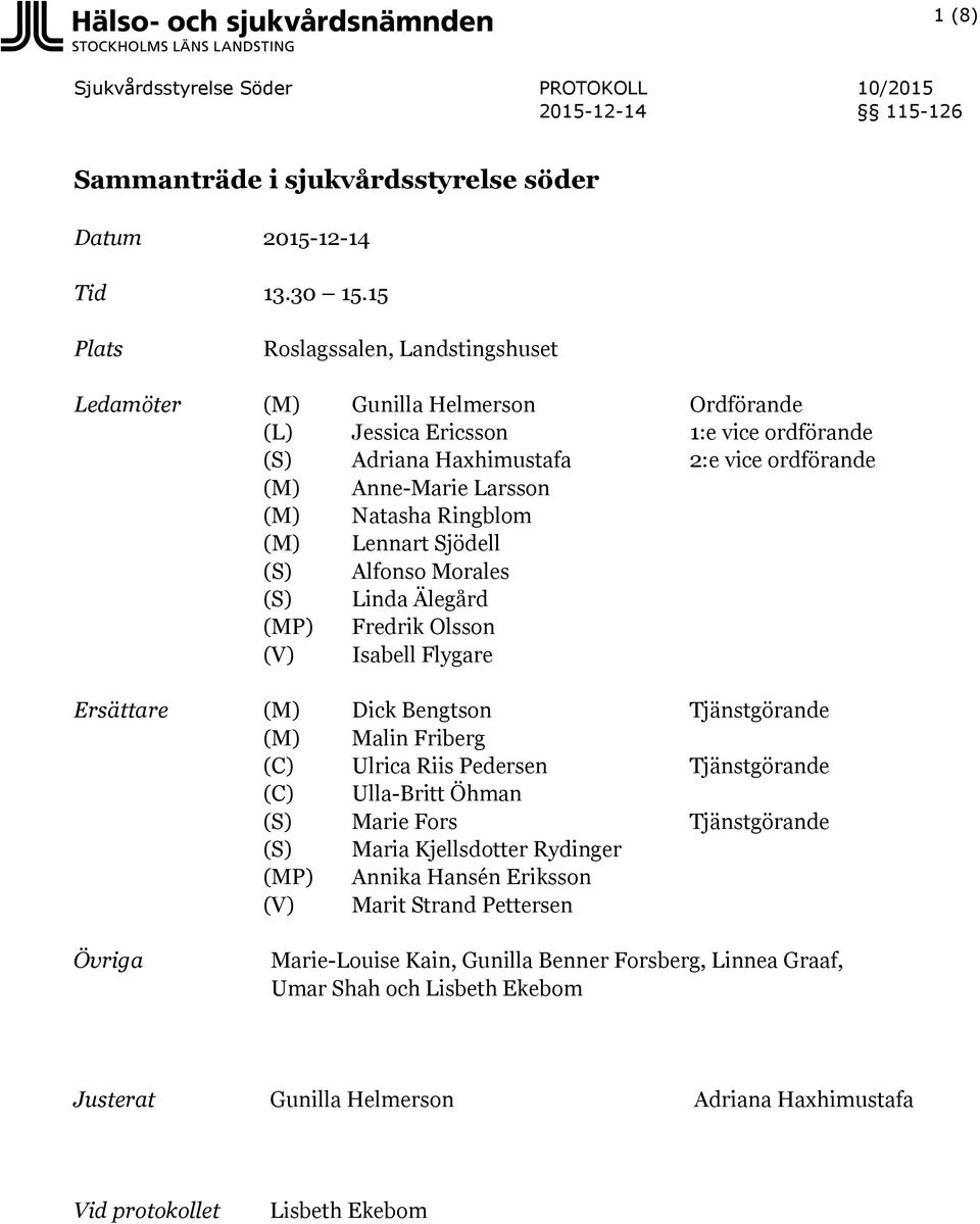 Natasha Ringblom (M) Lennart Sjödell (S) Alfonso Morales (S) Linda Älegård (MP) Fredrik Olsson (V) Isabell Flygare Ersättare (M) Dick Bengtson Tjänstgörande (M) Malin Friberg (C) Ulrica Riis Pedersen