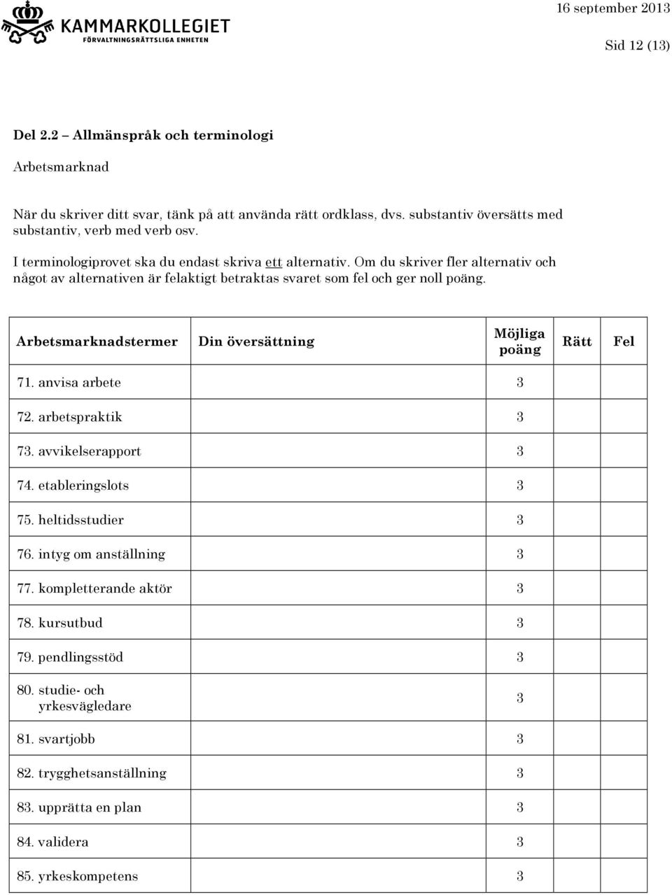 Om du skriver fler alternativ och något av alternativen är felaktigt betraktas svaret som fel och ger noll. Arbetsmarknadstermer 71. anvisa arbete 3 72. arbetspraktik 3 73.