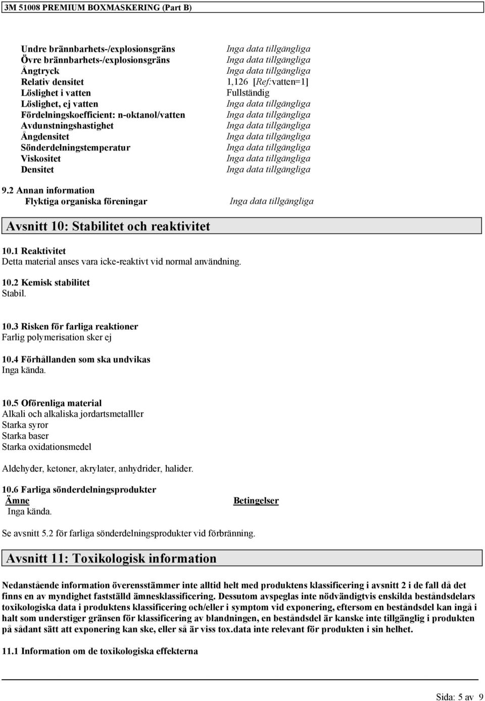 2 Annan information Flyktiga organiska föreningar 1,126 [Ref:vatten=1] Fullständig Avsnitt 10: Stabilitet och reaktivitet 10.