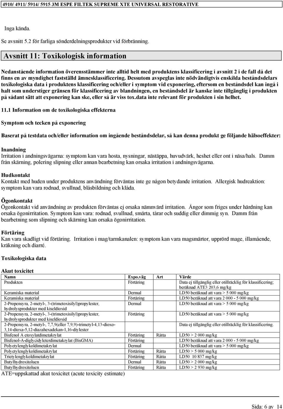 Dessutom avspeglas inte nödvändigtvis enskilda beståndsdelars toxikologiska data i produktens klassificering och/eller i symptom vid exponering, eftersom en beståndsdel kan ingå i halt som