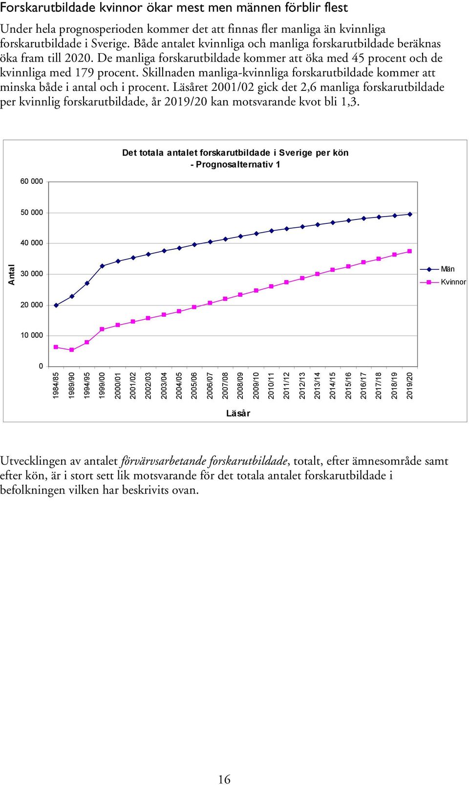 Skillnaden manliga-kvinnliga forskarutbildade kommer att minska både i antal och i procent.