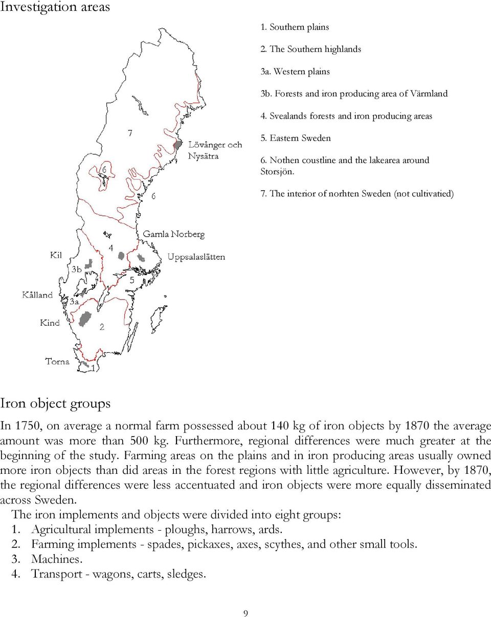 The interior of norhten Sweden (not cultivatied) Iron object groups In 1750, on average a normal farm possessed about 140 kg of iron objects by 1870 the average amount was more than 500 kg.