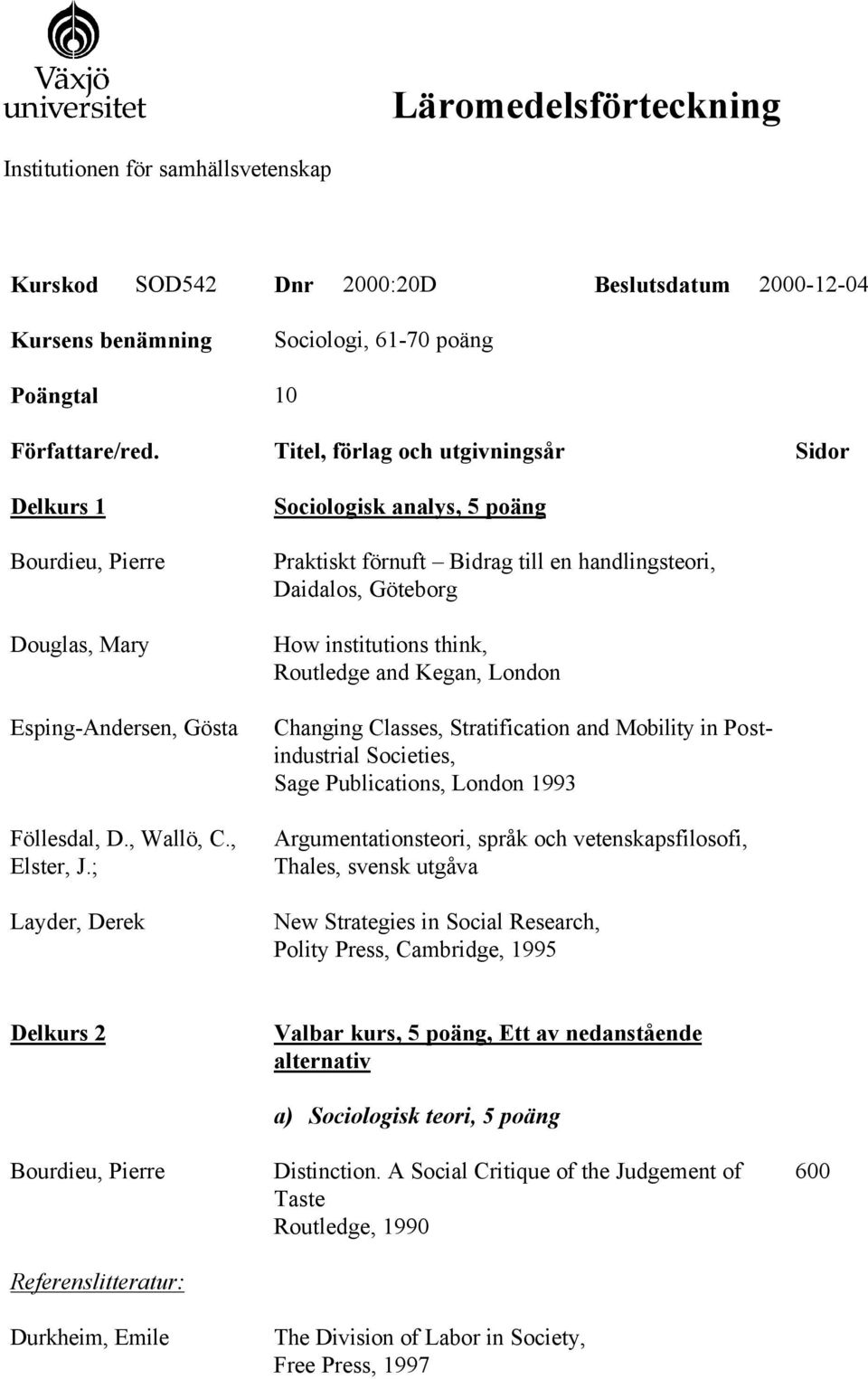 ; Layder, Derek Sociologisk analys, 5 poäng Praktiskt förnuft Bidrag till en handlingsteori, Daidalos, Göteborg How institutions think, Routledge and Kegan, London Changing Classes, Stratification