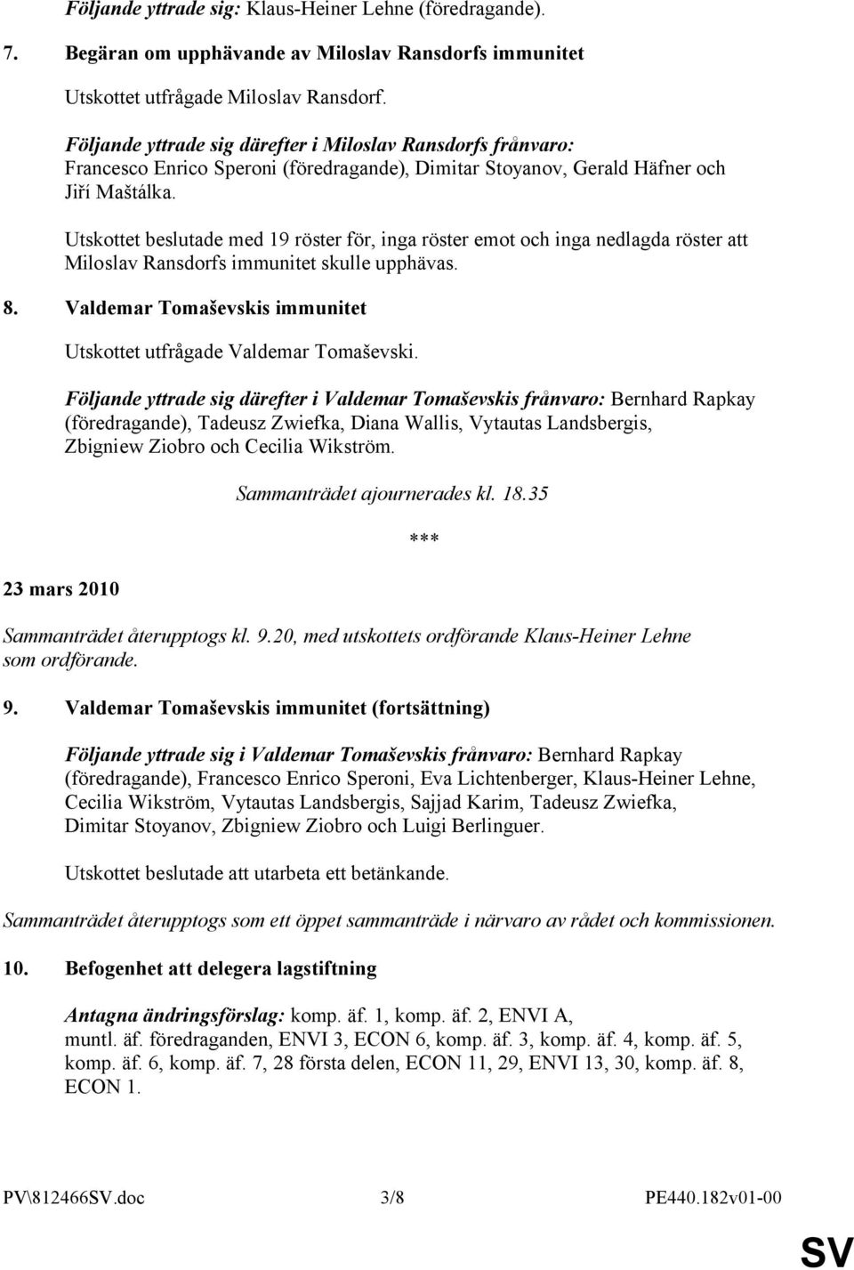 Utskottet beslutade med 19 röster för, inga röster emot och inga nedlagda röster att Miloslav Ransdorfs immunitet skulle upphävas. 8.