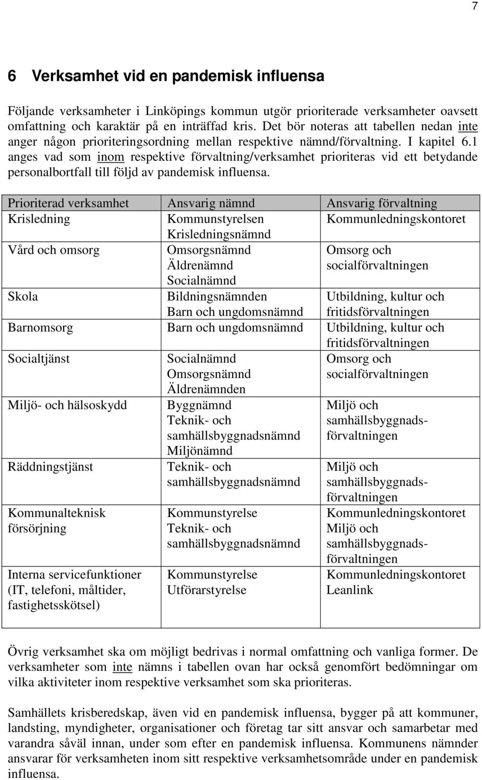 1 anges vad som inom respektive /verksamhet prioriteras vid ett betydande personalbortfall till följd av pandemisk influensa.