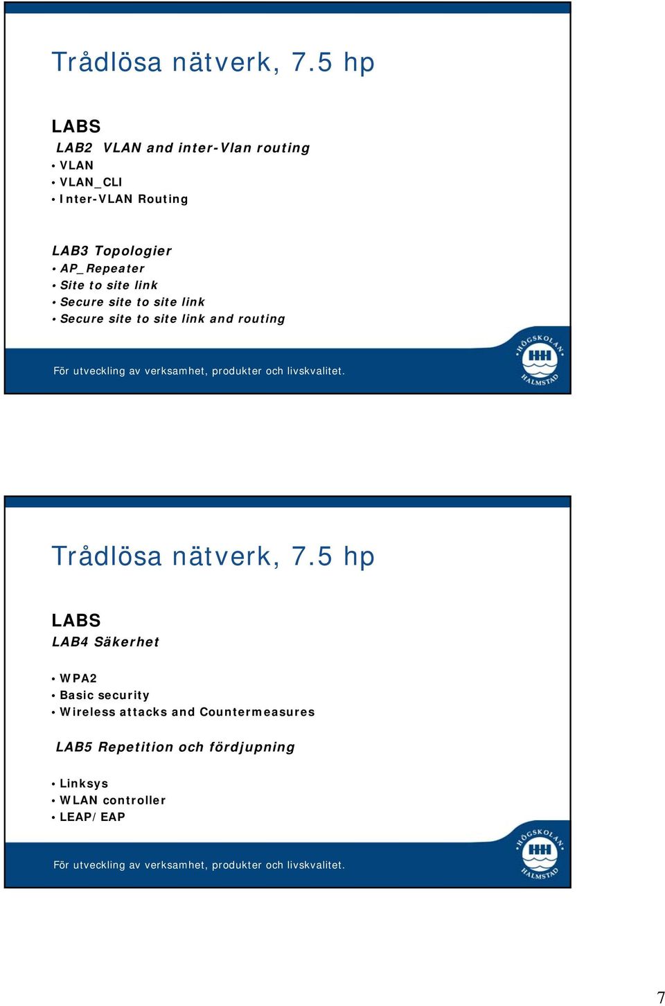 site link and routing LABS LAB4 Säkerhet WPA2 Basic security Wireless attacks