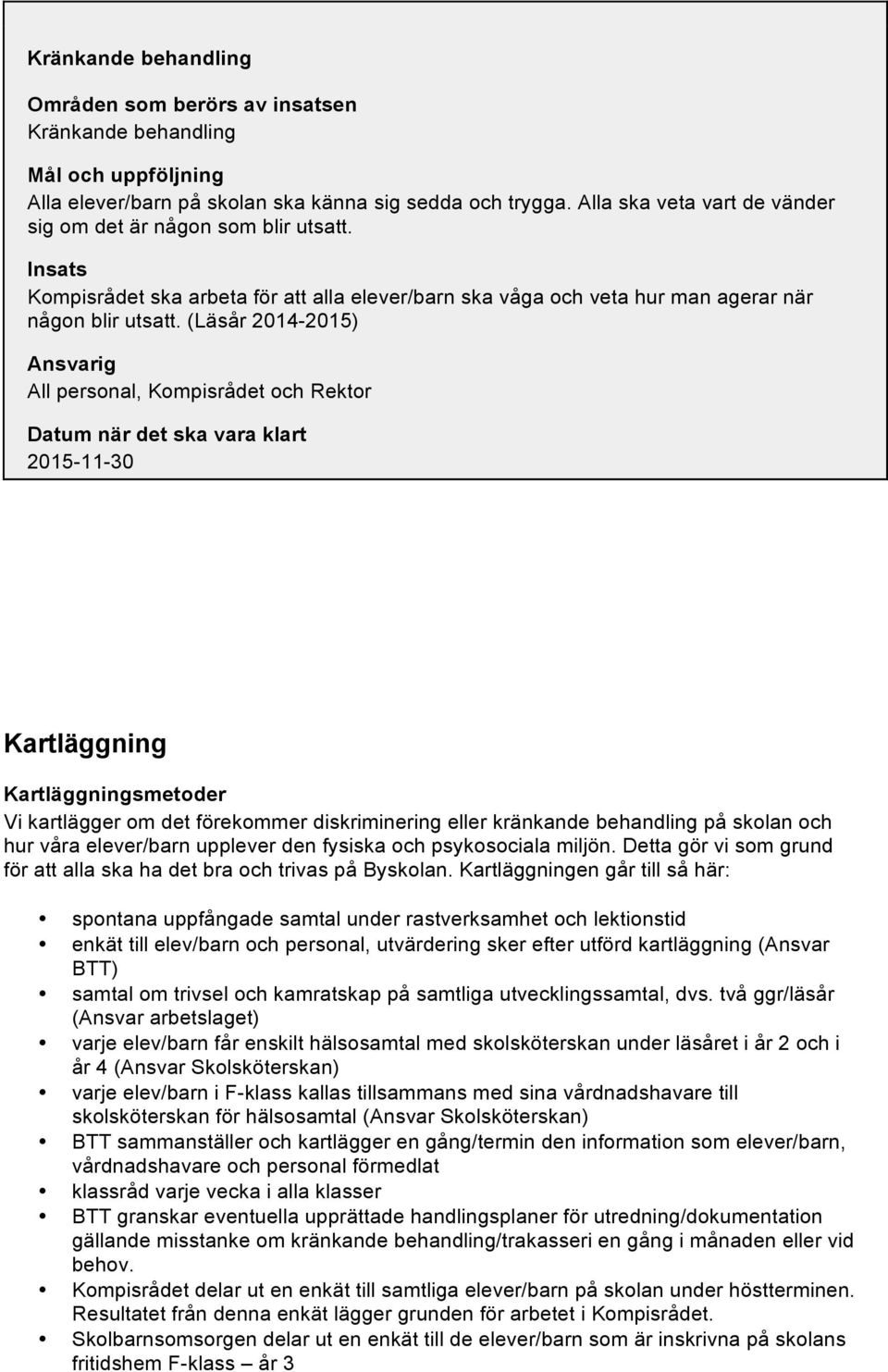 (Läsår 2014-2015) All personal, Kompisrådet och Rektor 2015-11-30 Kartläggning Kartläggningsmetoder Vi kartlägger om det förekommer diskriminering eller kränkande behandling på skolan och hur våra