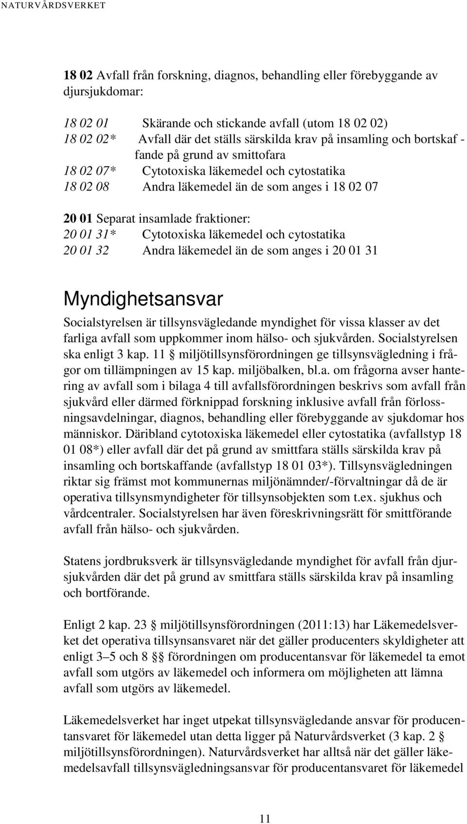 Cytotoxiska läkemedel och cytostatika 20 01 32 Andra läkemedel än de som anges i 20 01 31 Myndighetsansvar Socialstyrelsen är tillsynsvägledande myndighet för vissa klasser av det farliga avfall som