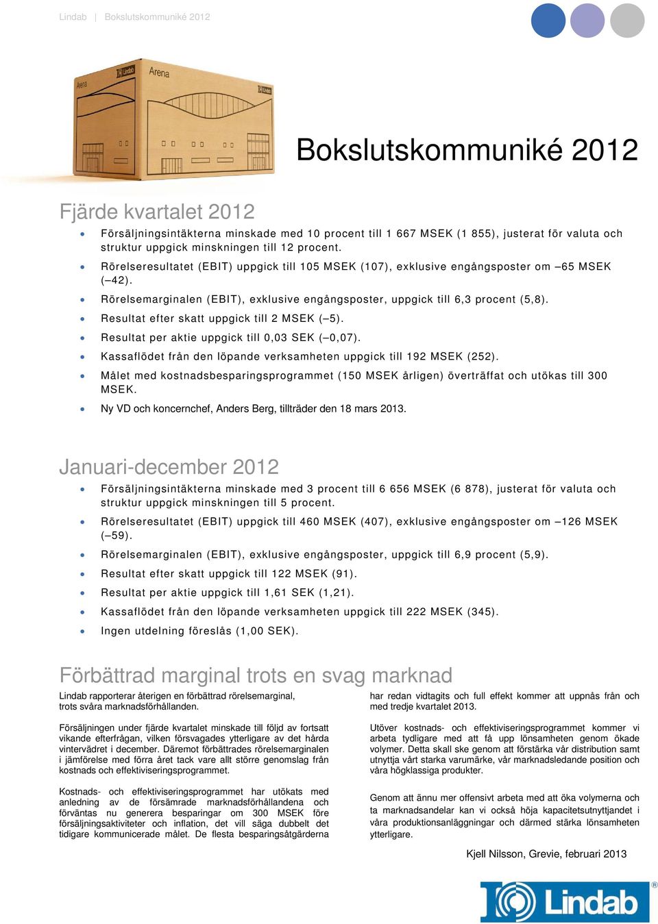 Resultat efter skatt uppgick till 2 MSEK ( 5). Resultat per aktie uppgick till 0,03 SEK ( 0,07). Kassaflödet från den löpande verksamheten uppgick till 192 MSEK (252).