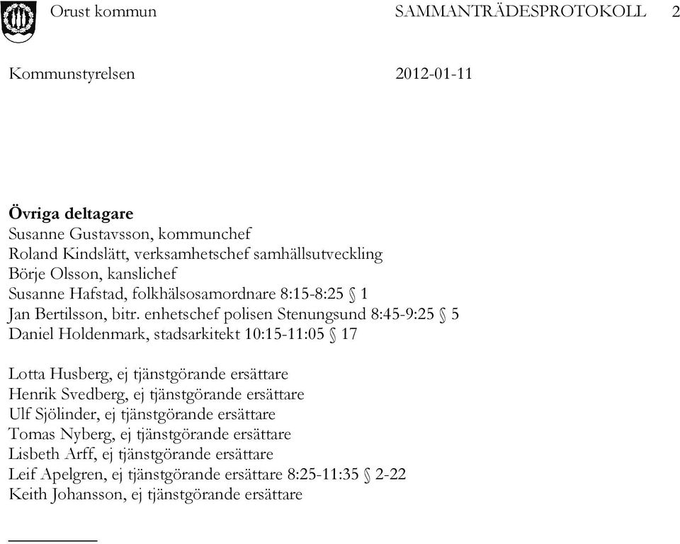 enhetschef polisen Stenungsund 8:45-9:25 5 Daniel Holdenmark, stadsarkitekt 10:15-11:05 17 Lotta Husberg, ej tjänstgörande ersättare Henrik Svedberg,