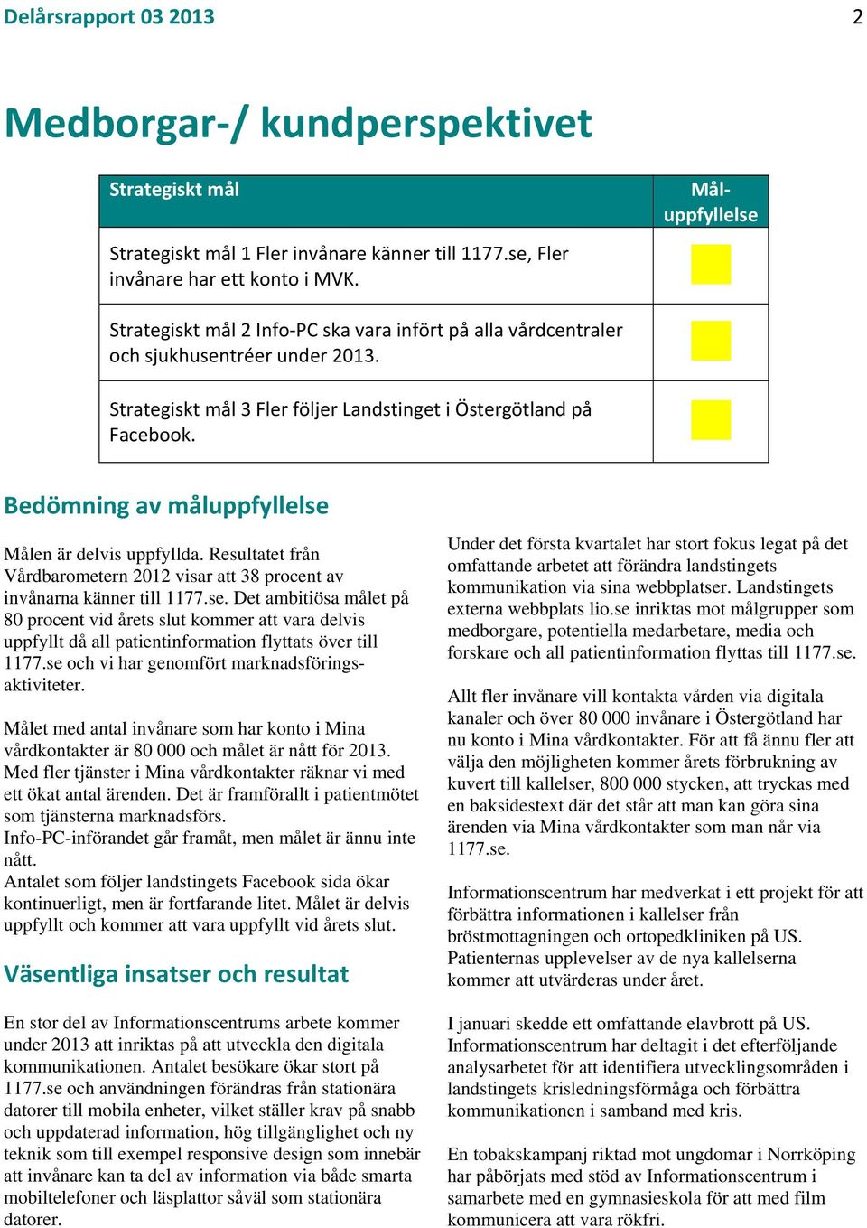 Bedömning av måluppfyllelse Målen är delvis uppfyllda. Resultatet från Vårdbarometern 2012 visar att 38 procent av invånarna känner till 1177.se. Det ambitiösa målet på 80 procent vid årets slut kommer att vara delvis uppfyllt då all patientinformation flyttats över till 1177.